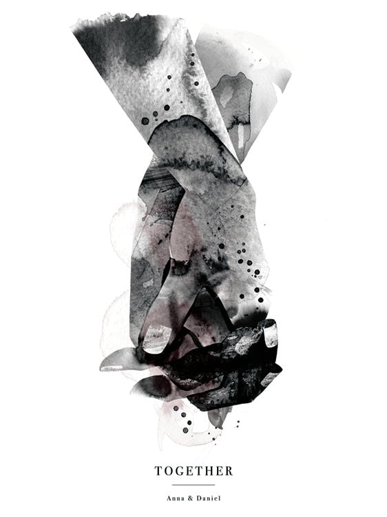 Watercolor illustration of two hands entangled, featuring black, grey, and pink hues. A romantic, personal poster design.