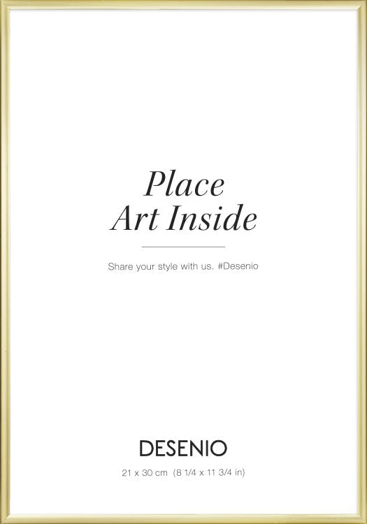 Gold metal picture frame with a thin border and plexiglass, perfect for displaying art or photos.