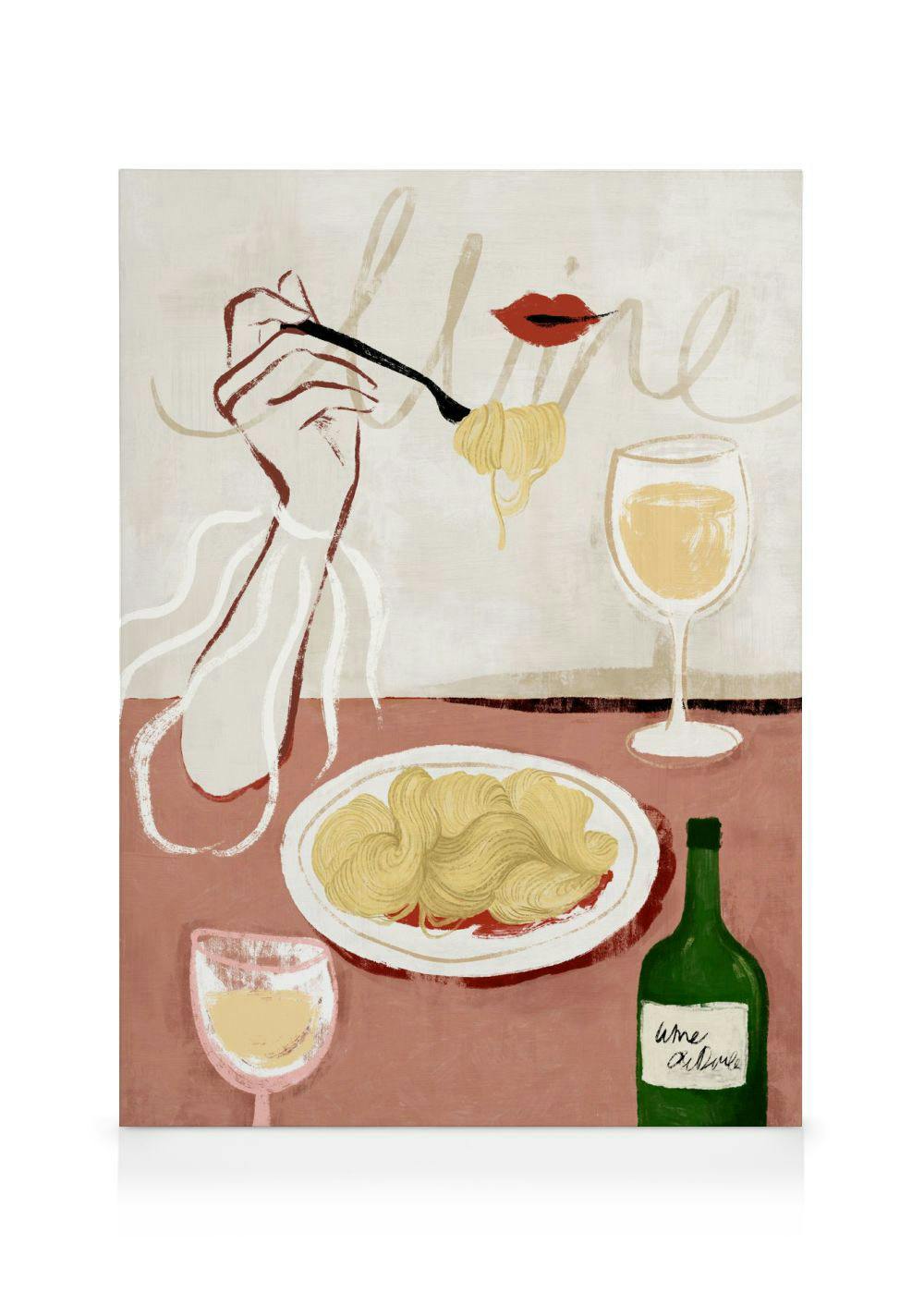 Fargerikt lerret med hånd som løfter spagetti, tallerken med pasta og vinglass i myke beige og rosa toner.