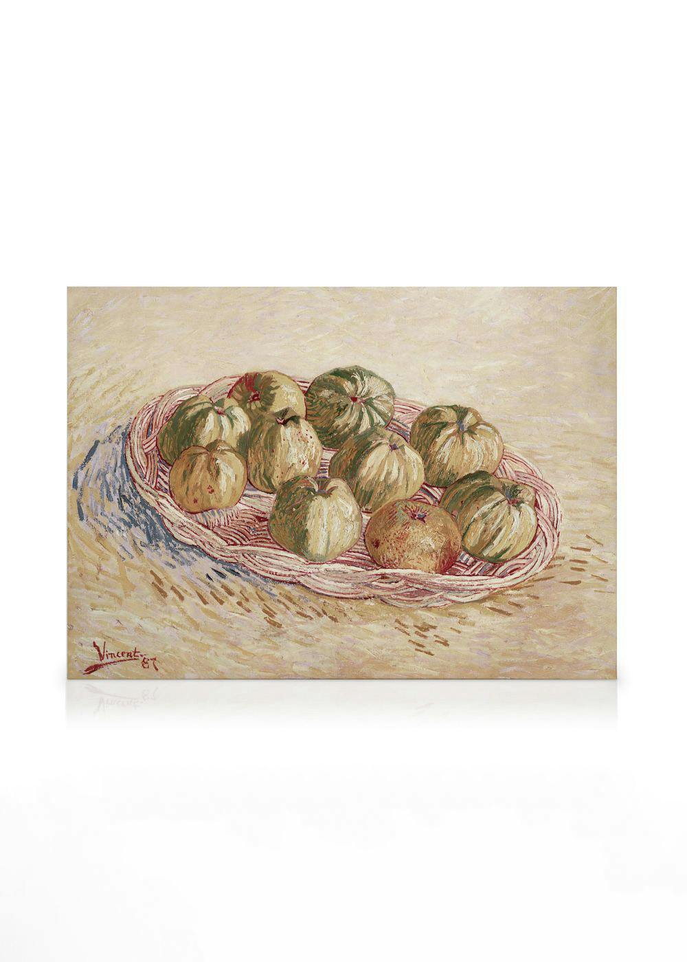 Lienzo de Van Gogh, Bodegón, Cesta de Manzanas, con pinceladas visibles y la firma del artista en la esquina inferior izquierda.