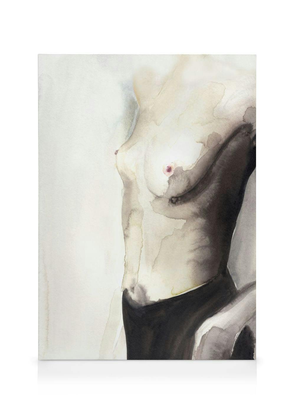 Akvarellmålning av en kvinnlig torso i svart och vitt, med subtila rosa detaljer på bröstvårtorna, konstverk.
