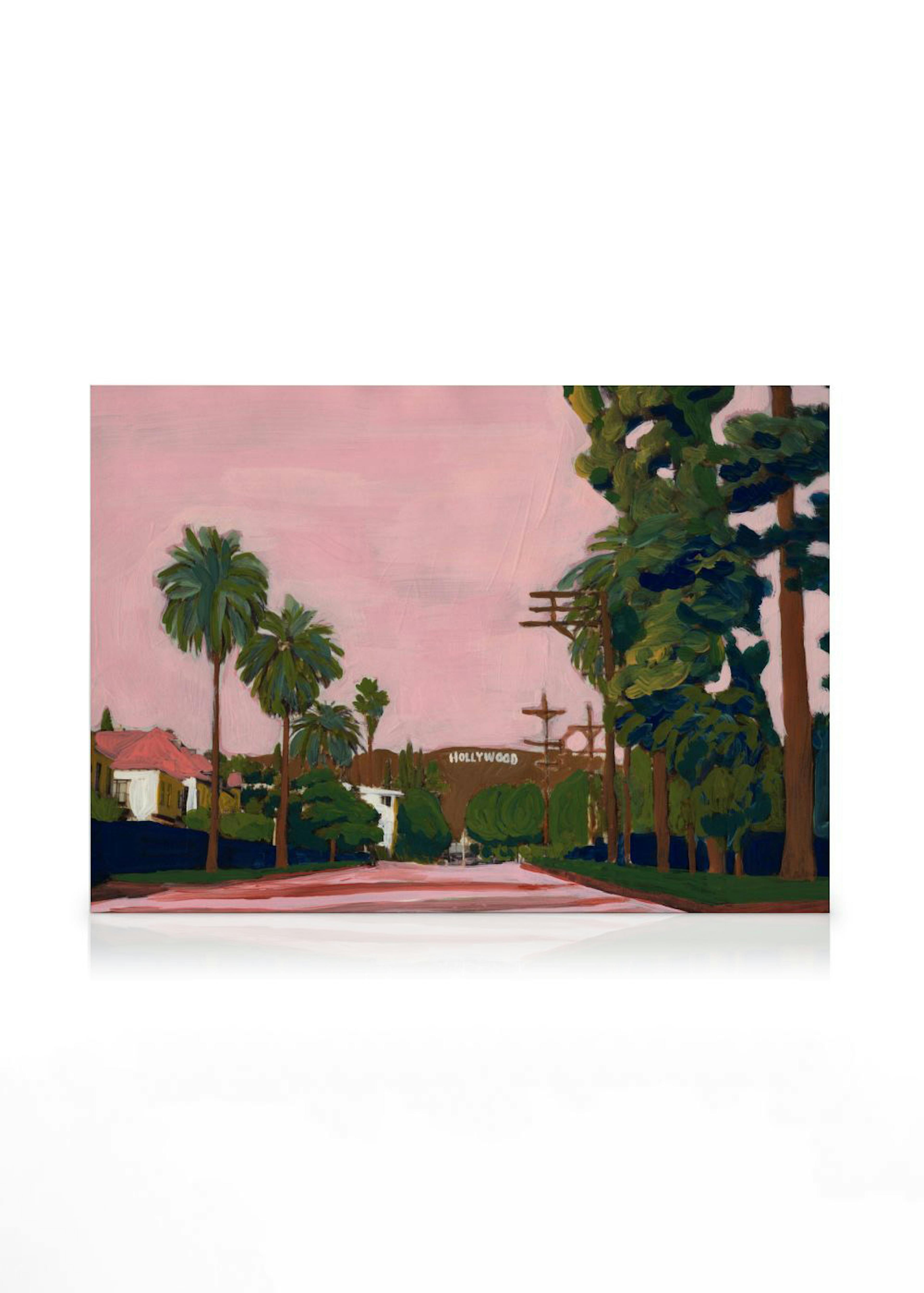 Leinwandbild Hollywood Dream: Eine Straße führt auf das Hollywood-Schild zu, umgeben von Palmen und Häusern