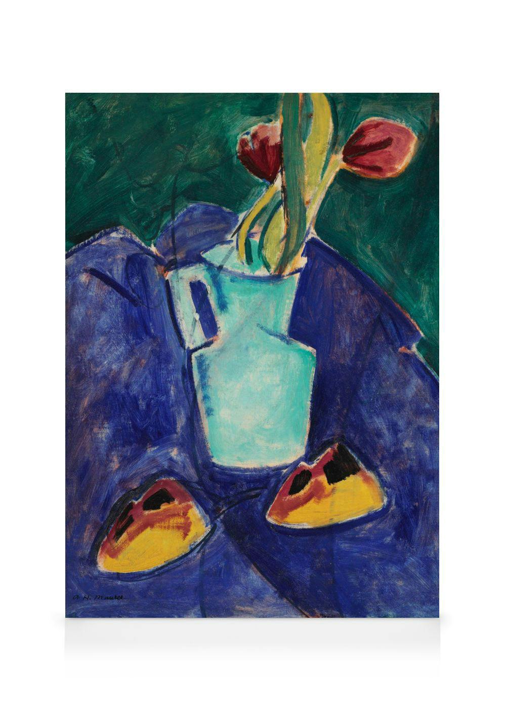 Toile avec vase vert et tulipes rouges, fond vert foncé aux formes abstraites et coups de pinceau audacieux.