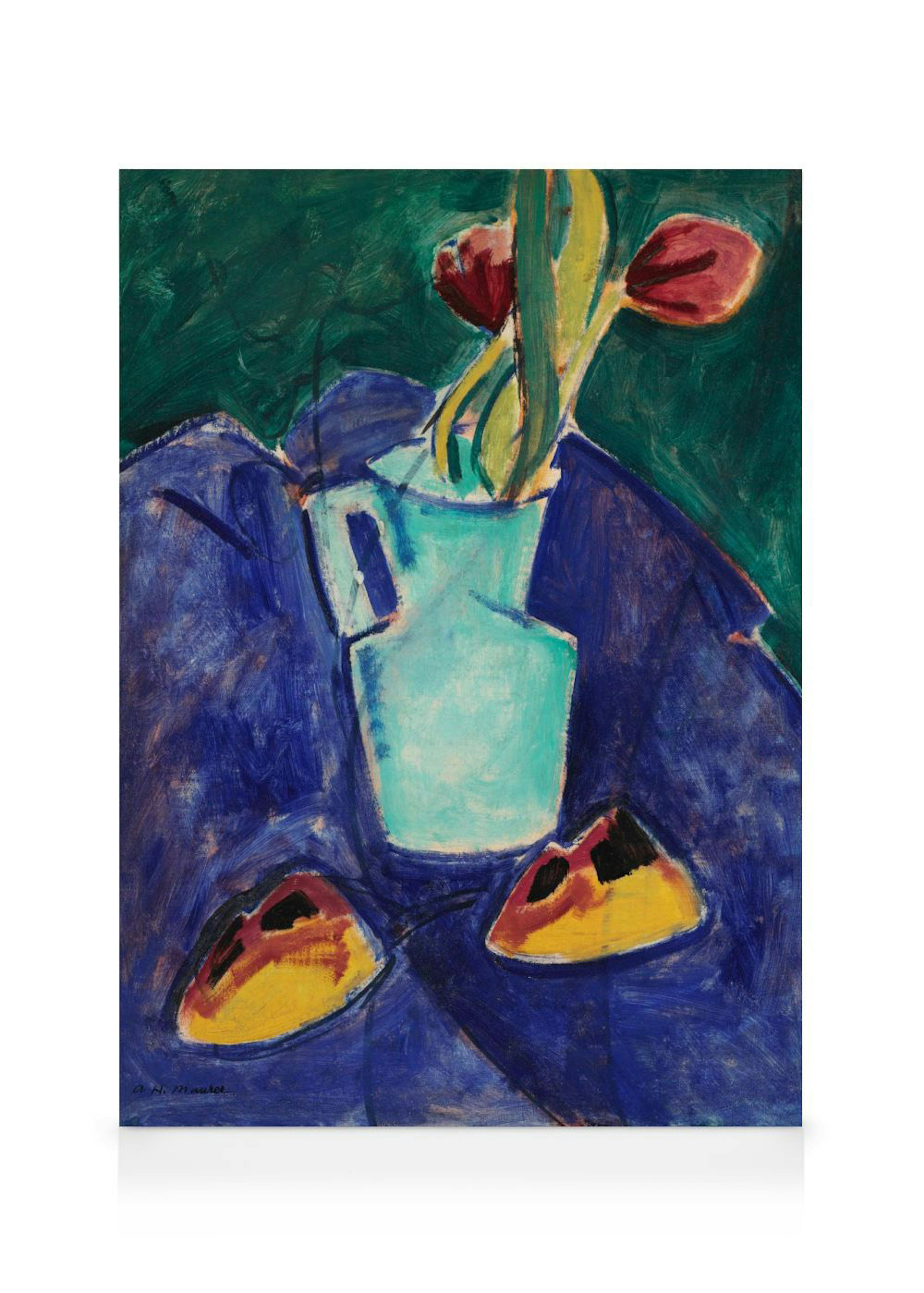 Toile avec vase vert et tulipes rouges, fond vert foncé aux formes abstraites et coups de pinceau audacieux.