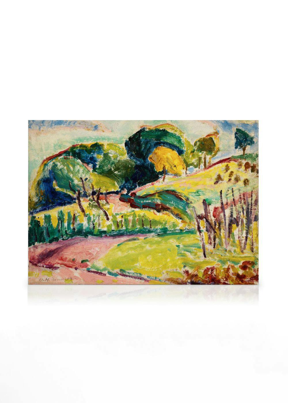 Pintura de paisaje con colinas verdes, árboles y un camino en un valle. Pinceladas audaces, cielo azul claro.