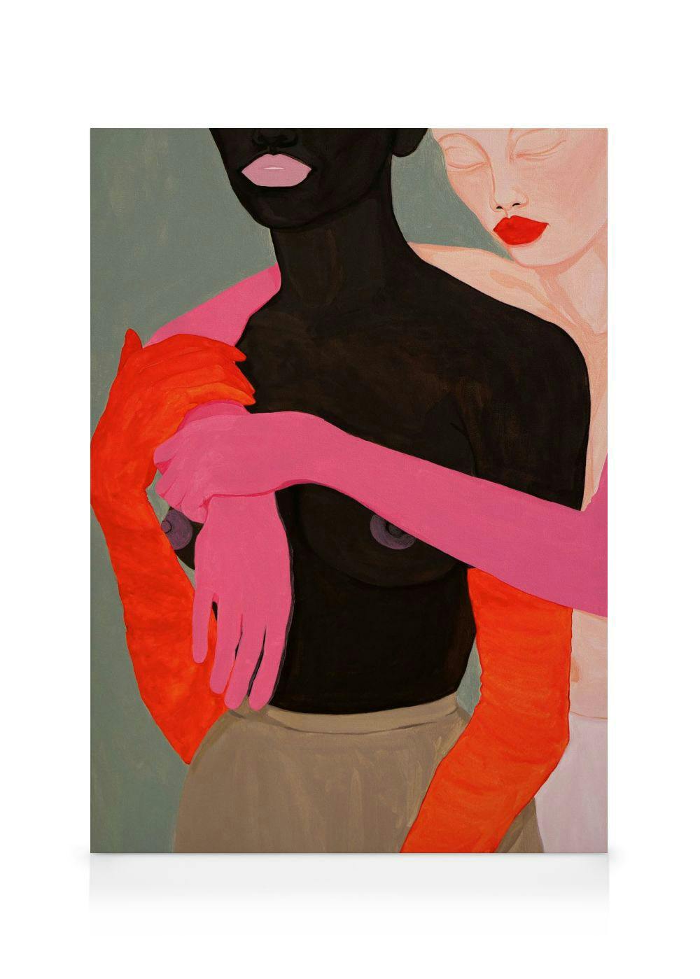 Toile abstraite contemporaine, deux figures sembrassant, lune noire en rose, lautre blanche aux lèvres rouges sur fond verdâtre.