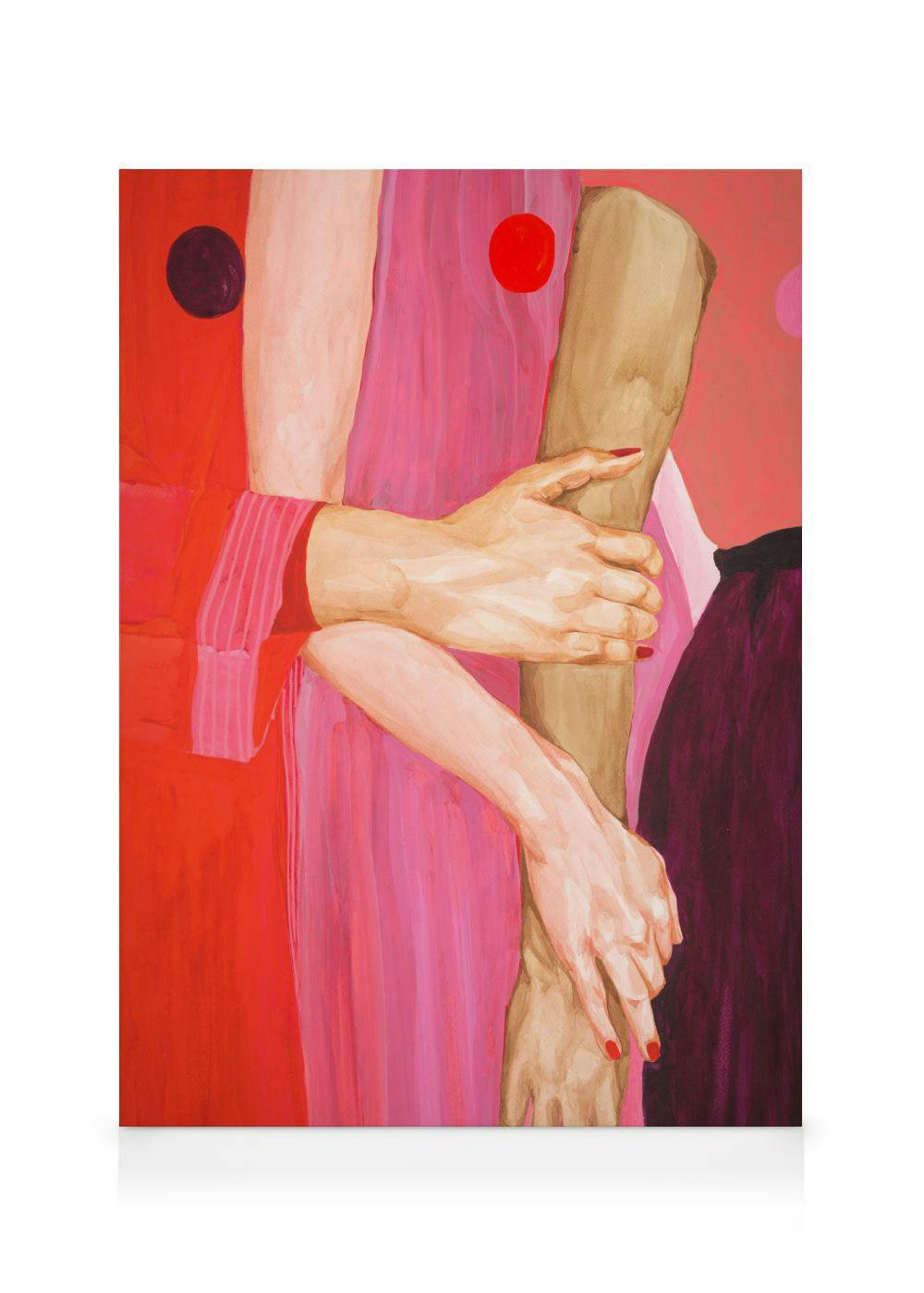 Sophia Novosels Its About Us canvas print depicts two figures embracing, with hands intertwined, in bold red and pink hues.