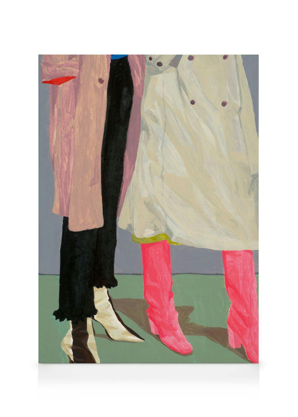 Sophia Novosels Siblings canvas print, showing two figures in stylish coats and boots, one in pink, the other in black and brown