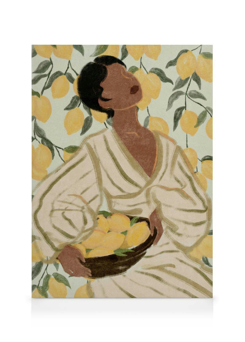 Woman in white robe holding basket of lemons in a lemon garden; canvas print with beige background.