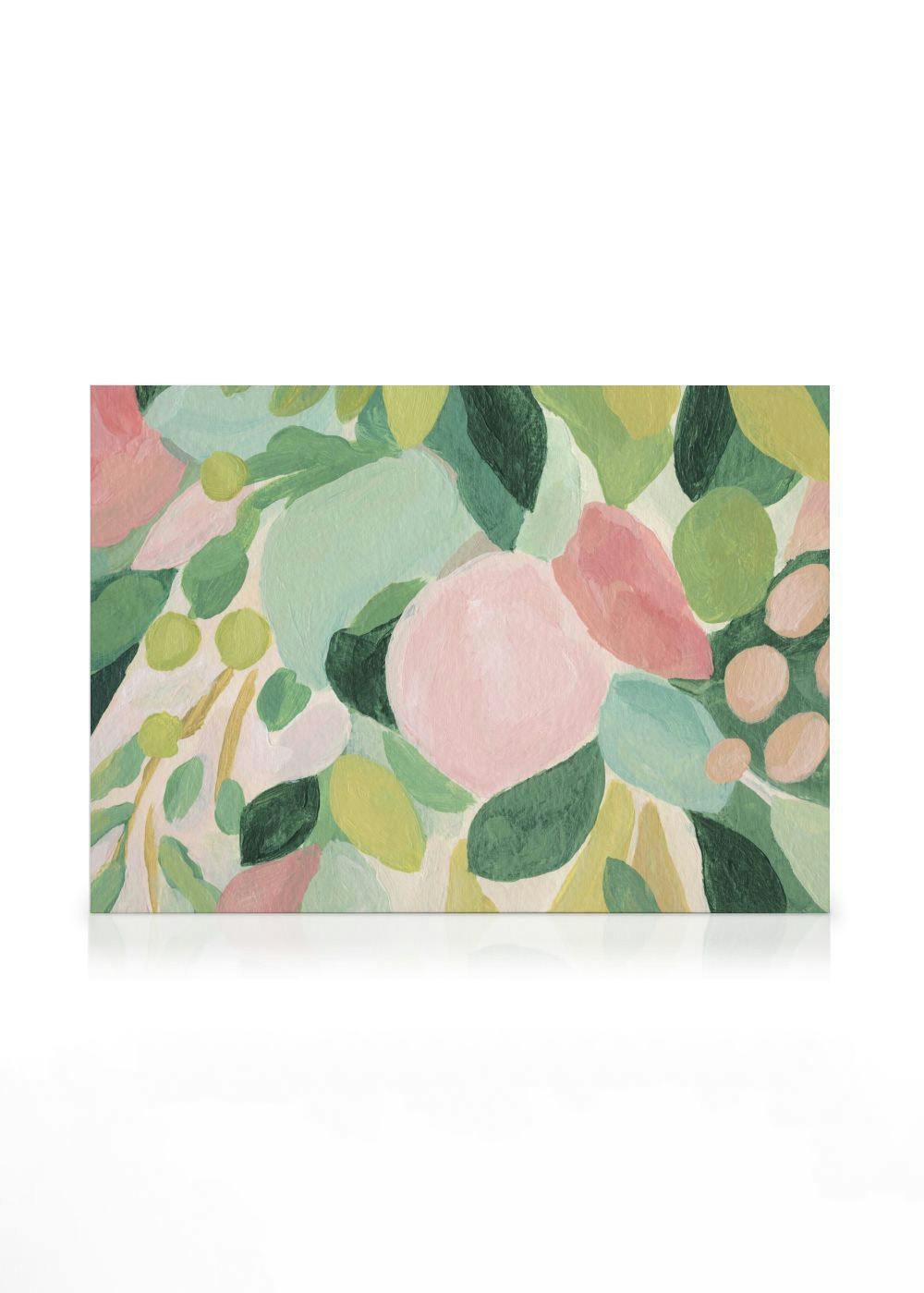 Abstract floral canvas print with pastel pink, green, and yellow shapes on a textured white background, botanical canvas.