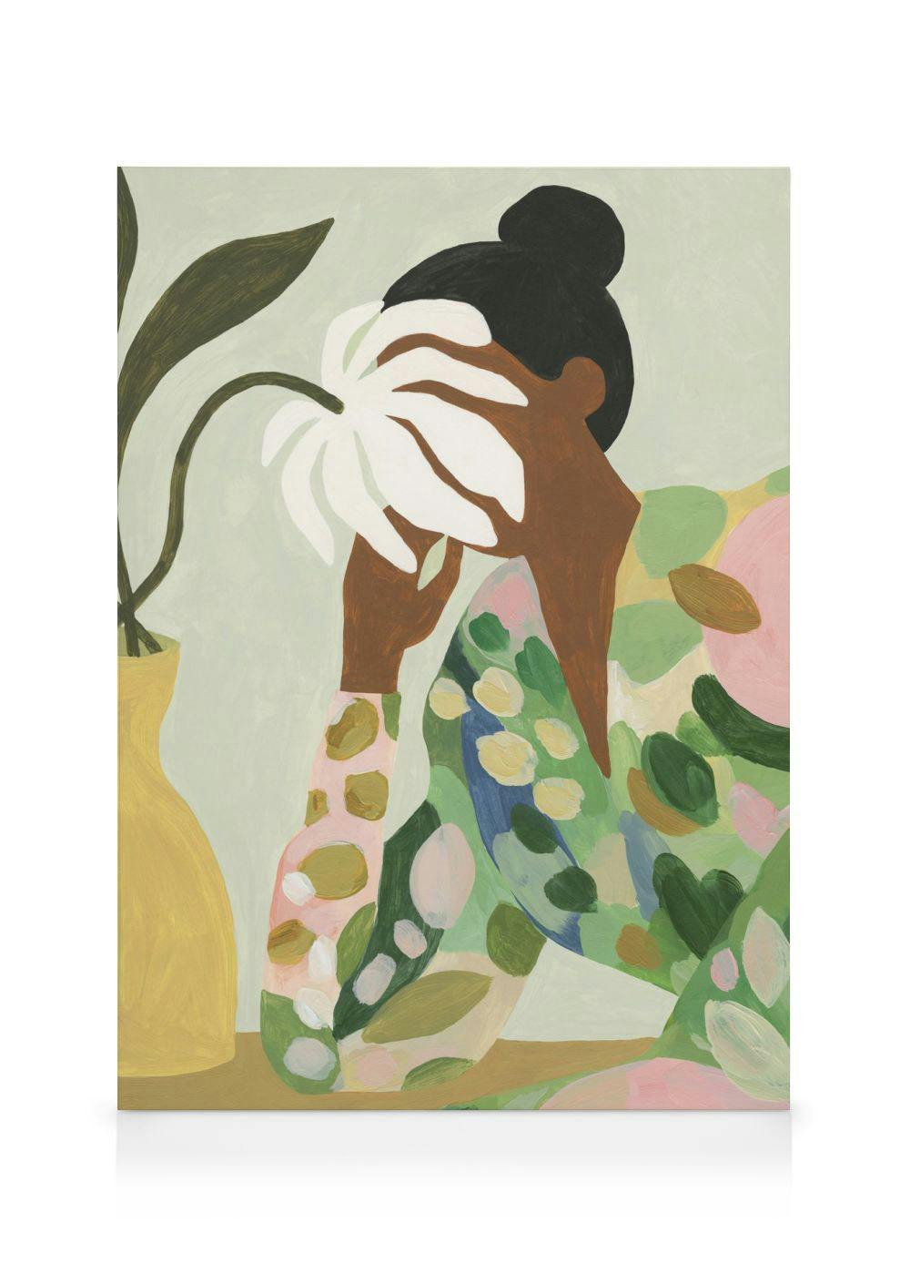 Abstract female harmony canvas print, woman in colorful dress touching white flower, vase on left