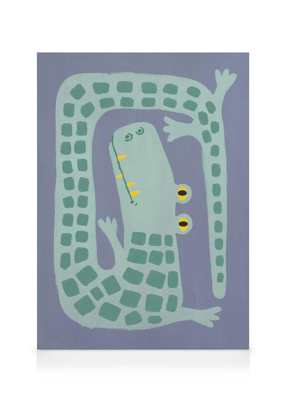 Abstraktes Krokodil Leinwandbild: Grünes Krokodil mit gelben Augen und Zähnen auf lila Hintergrund, umgeben von einem Schuppenmu