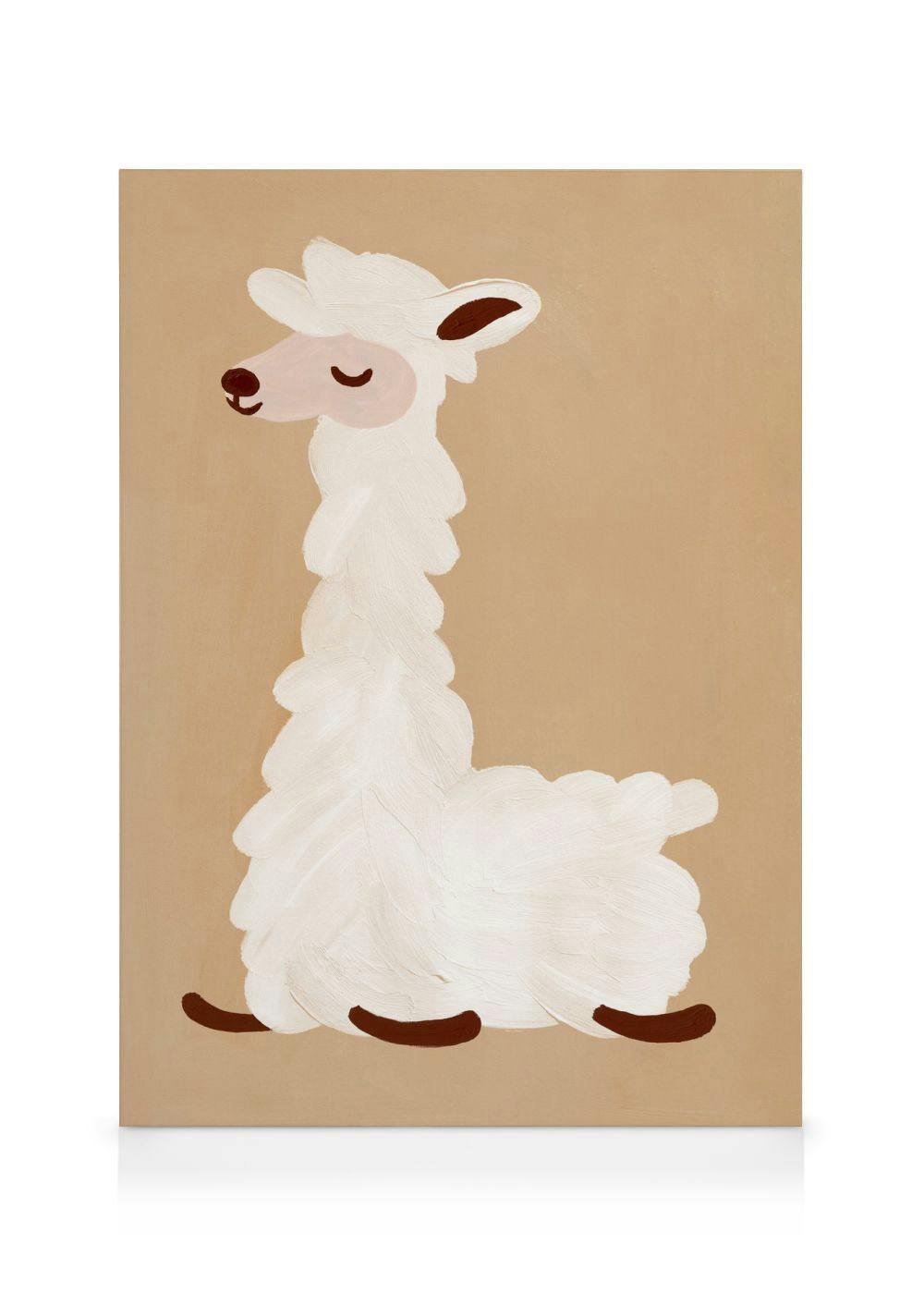 White cartoon llama canvas art with a fluffy body, pink muzzle, and dark brown ears on a neutral beige background.