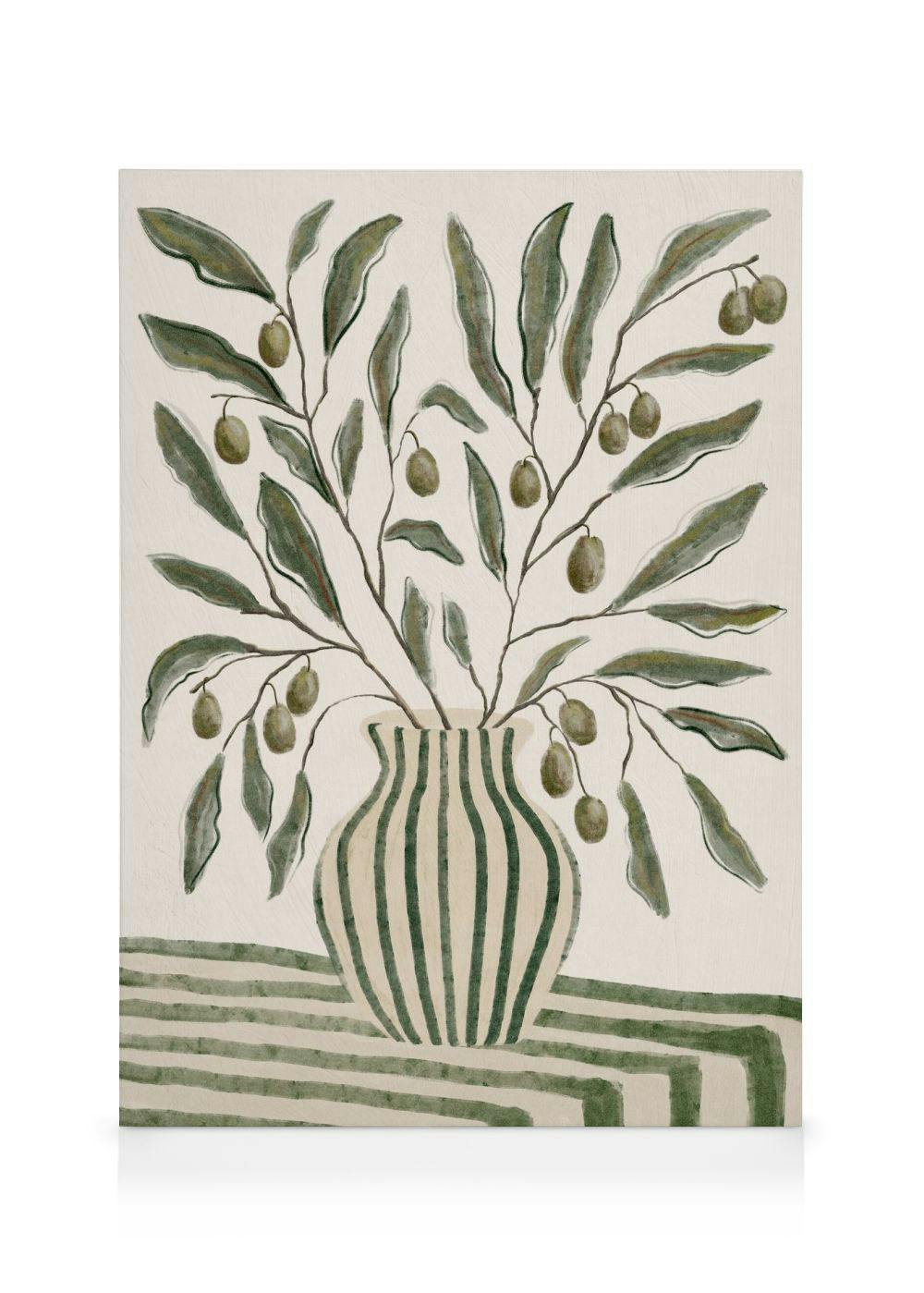 Olive branches with round olives in a striped vase, painted in green shades on a beige background canvas print.
