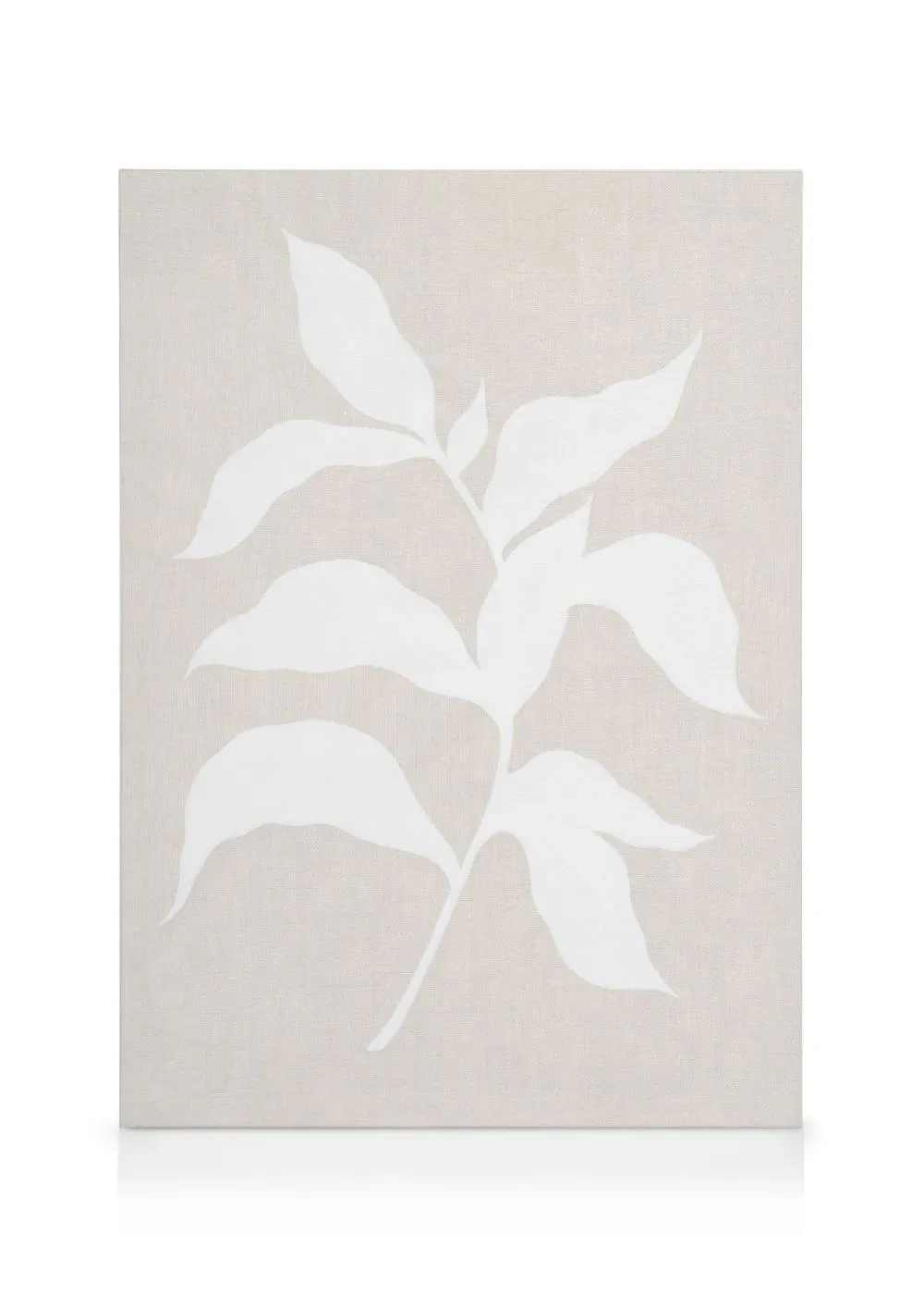 Soft branch canvas print with white leaves on a neutral background, minimal botanical art