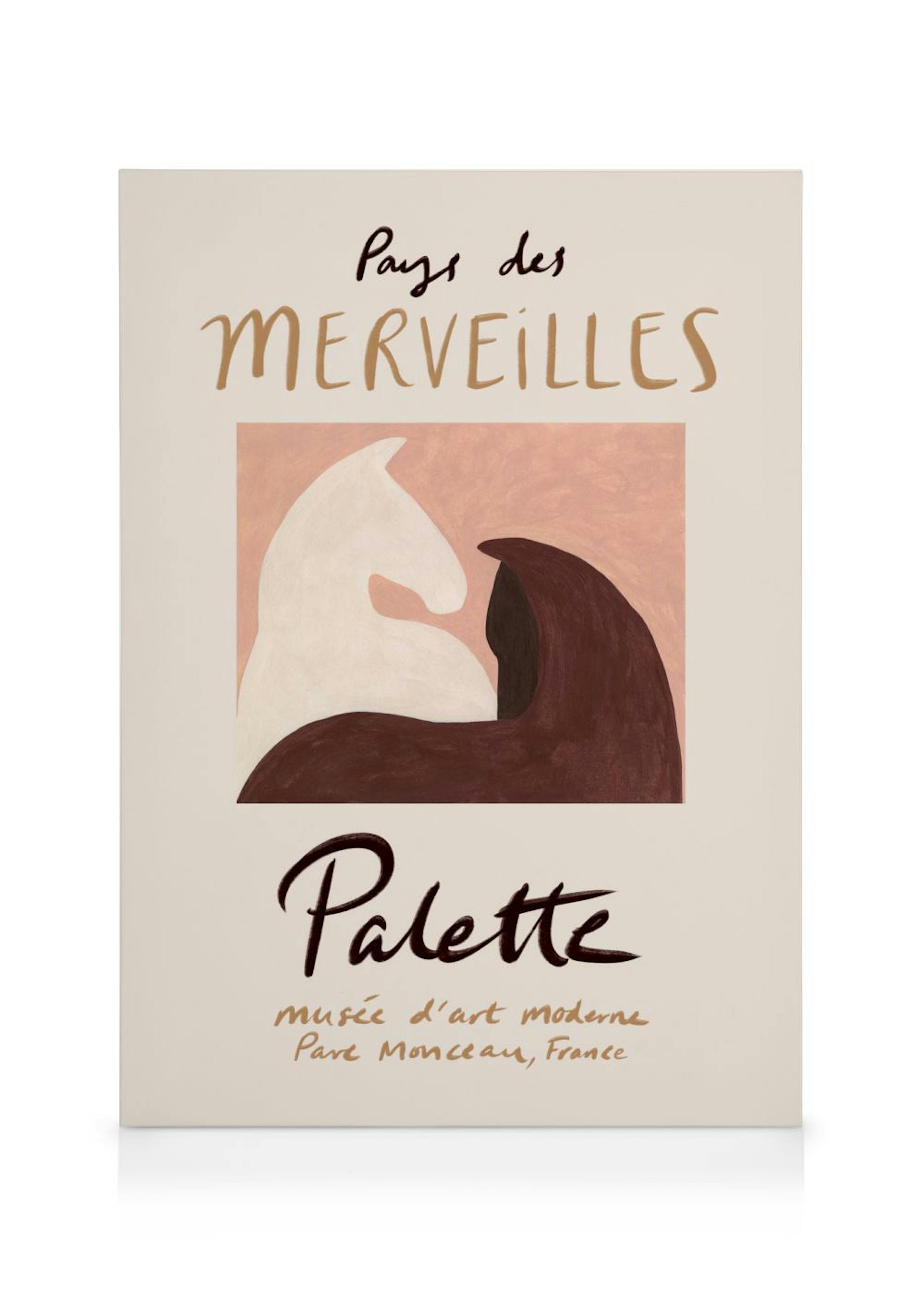 Abstract canvas print with pale pink and brown organic shapes on a beige background, with French text.