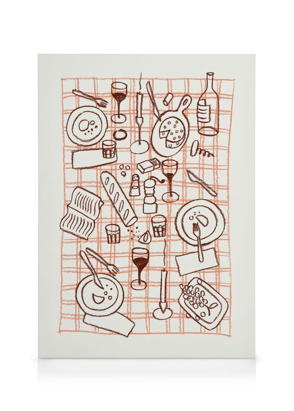 Brown line drawing of a dinner table spread on a white canvas, featuring various foods, dishes, and tableware.