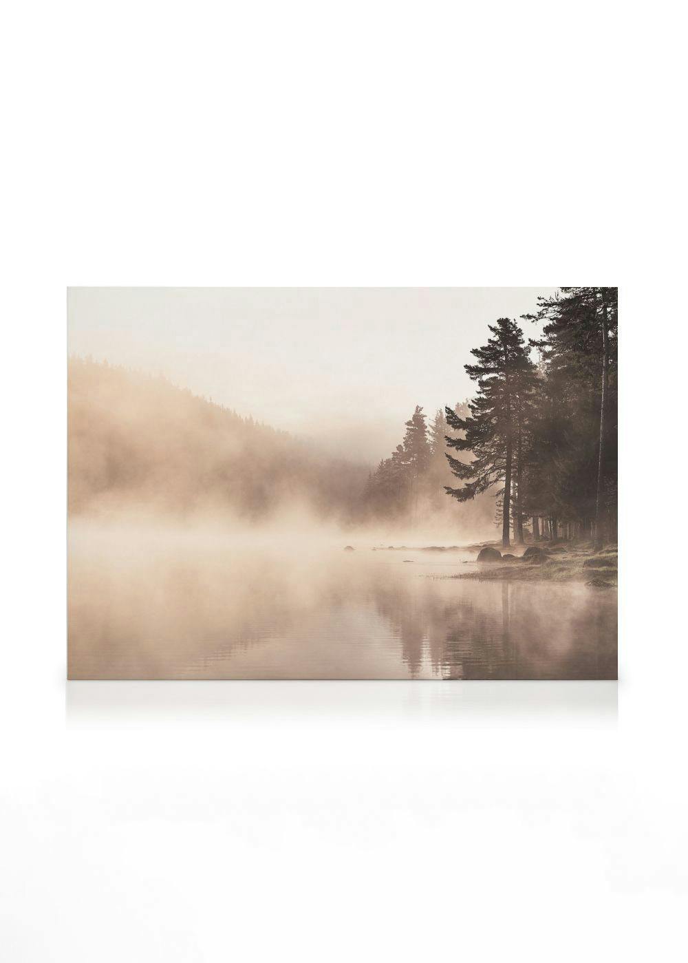 Obraz na płótnie: mgliste jezioro z odbijającymi się drzewami, spokojny krajobraz.