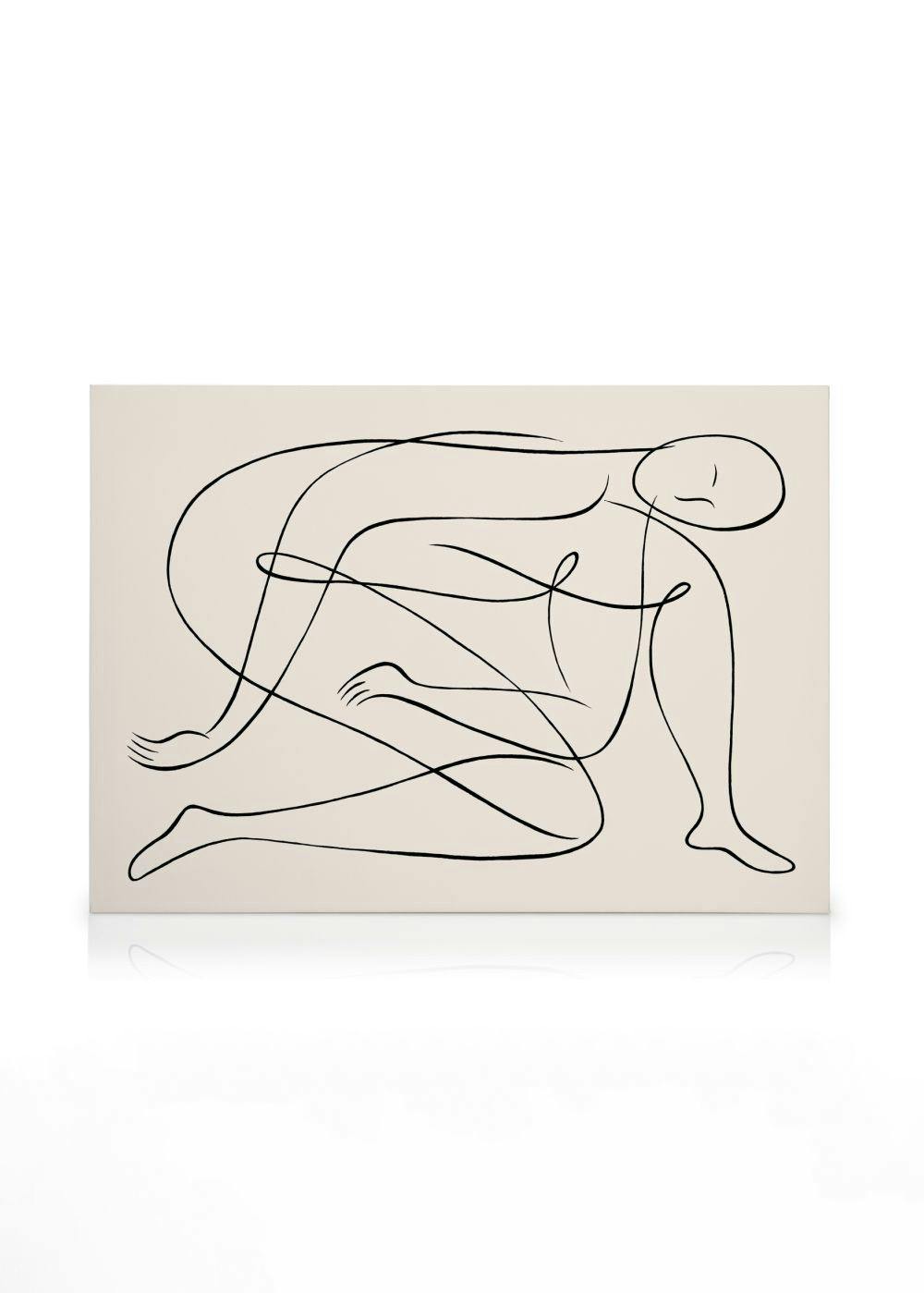 Lijntekening canvas met abstracte opgerolde figuur in zwart op een beige achtergrond. Minimalistische wanddecoratie.