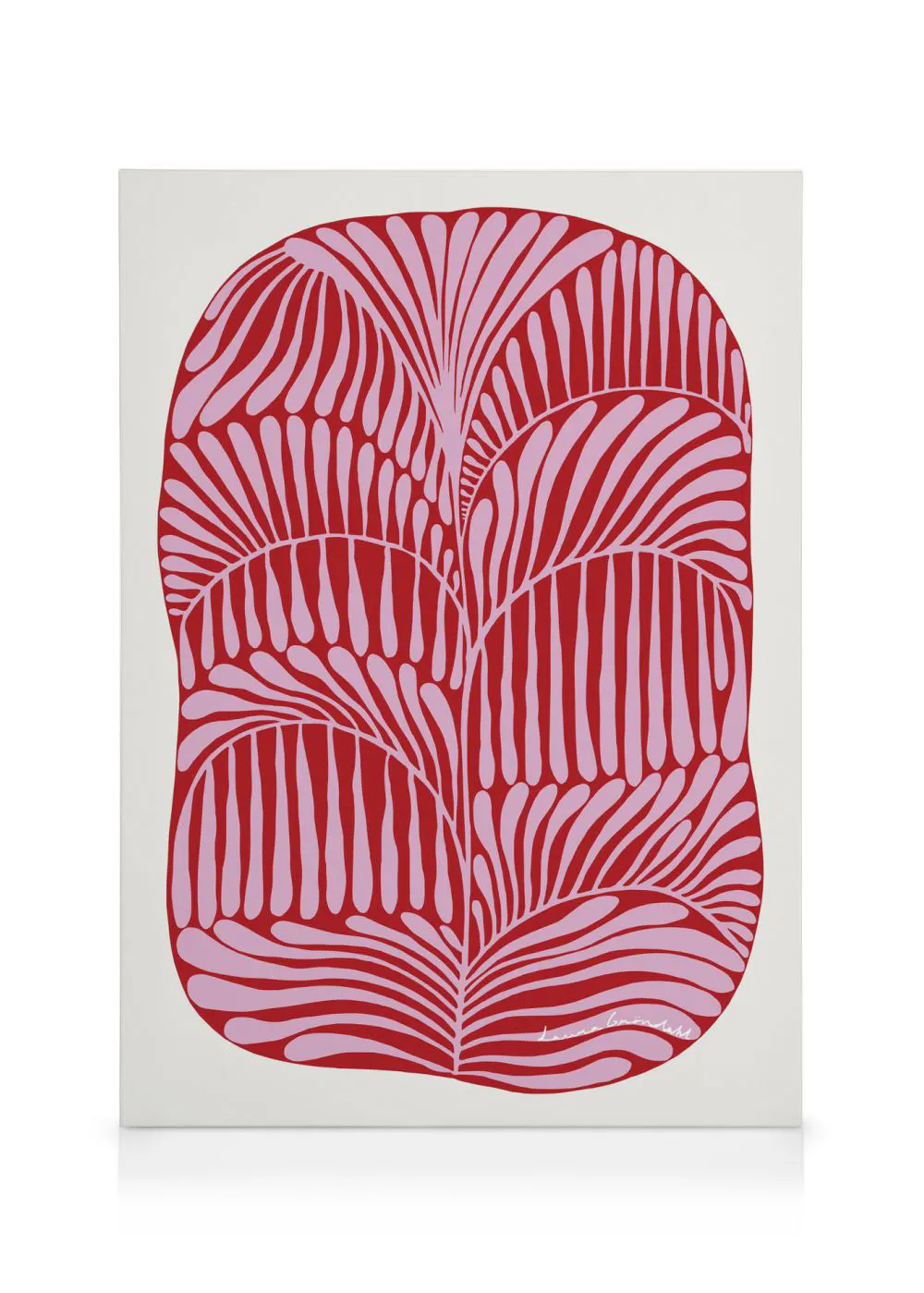 Toile abstraite avec motif de feuilles rouges et roses par Laura Gröndahl, typographie élégante.