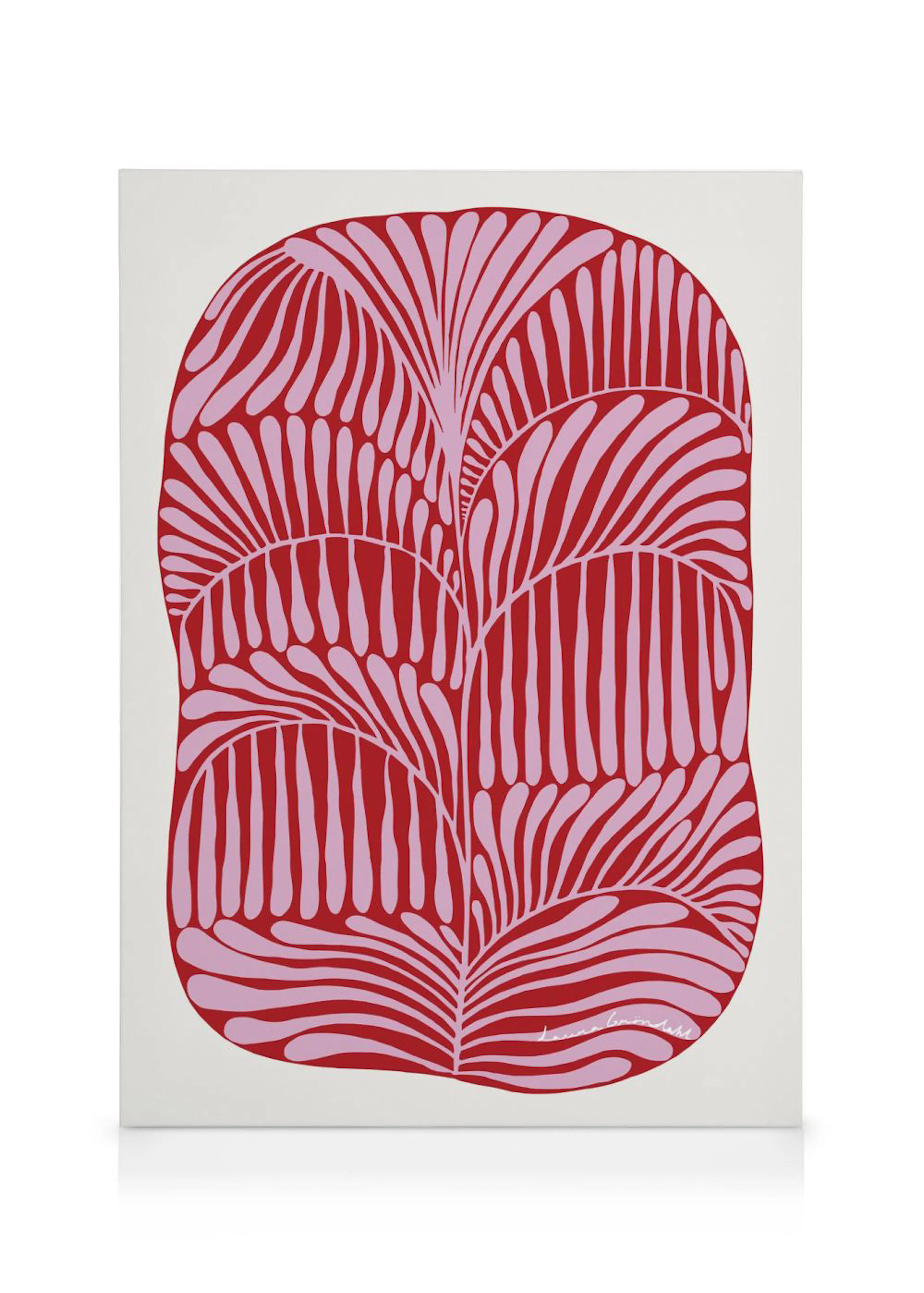 Toile abstraite avec motif de feuilles rouges et roses par Laura Gröndahl, typographie élégante.