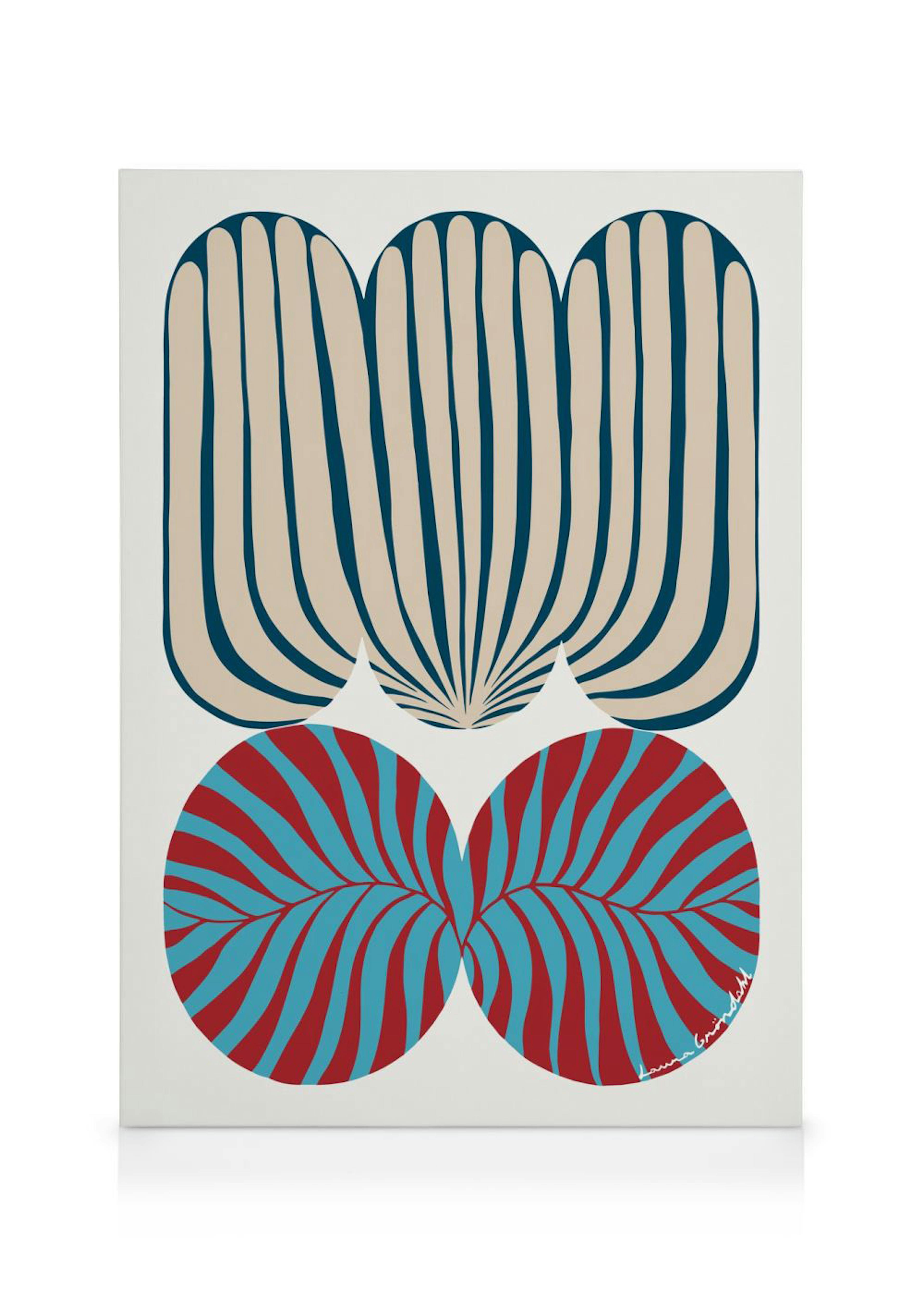 Tela com linhas verticais em azul escuro e bege, formando padrão de concha. Círculos vermelhos e azuis sobrepostos num fundo bra