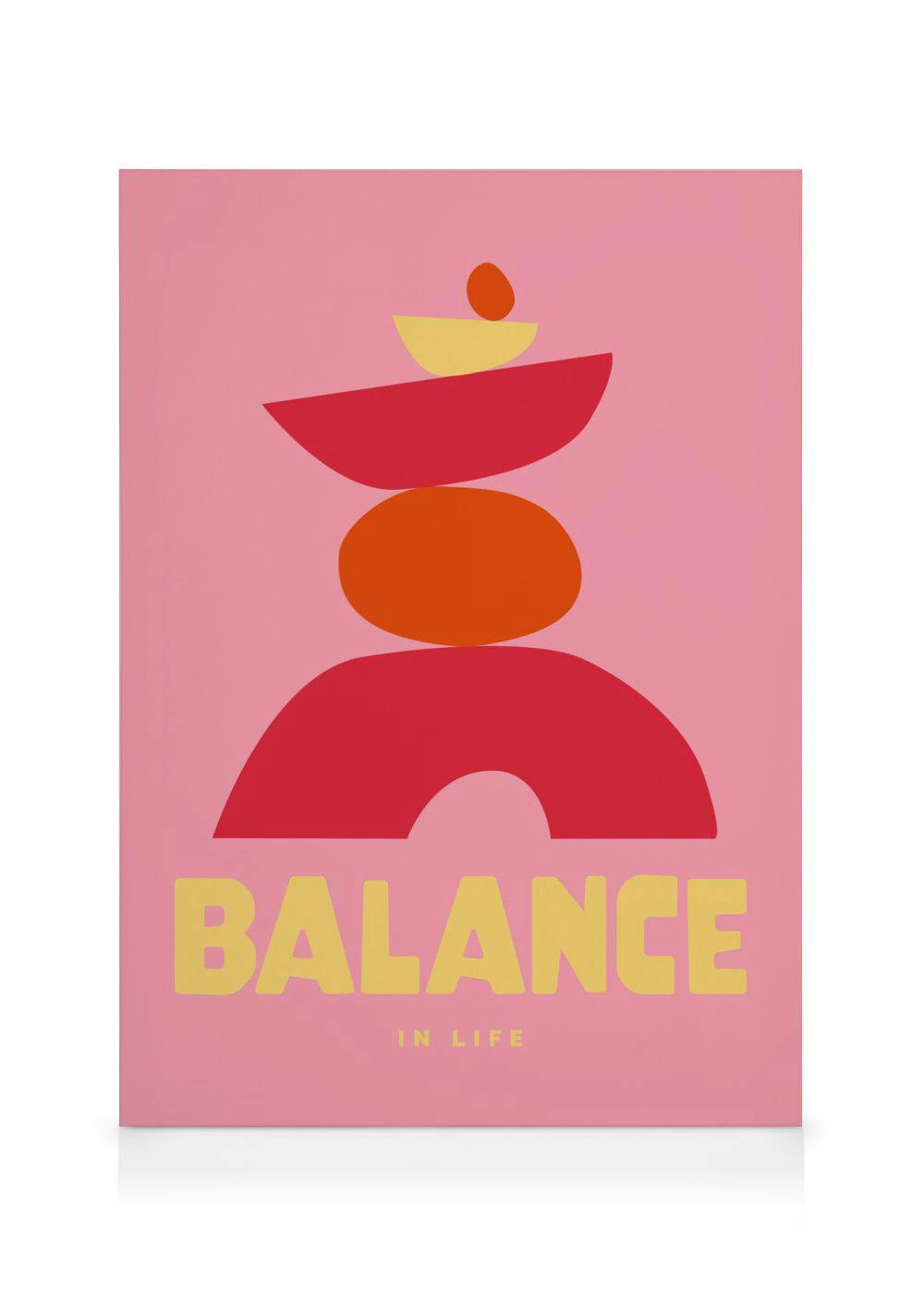 Graphic Balance in Life canvas print with stacked red, orange, and yellow shapes on a pink background, spelling Balance.