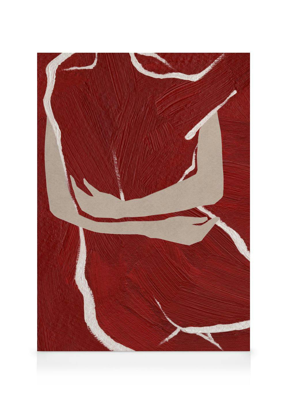 Abstract canvas print of human form in textured white lines on a bold red background, modern wall art.