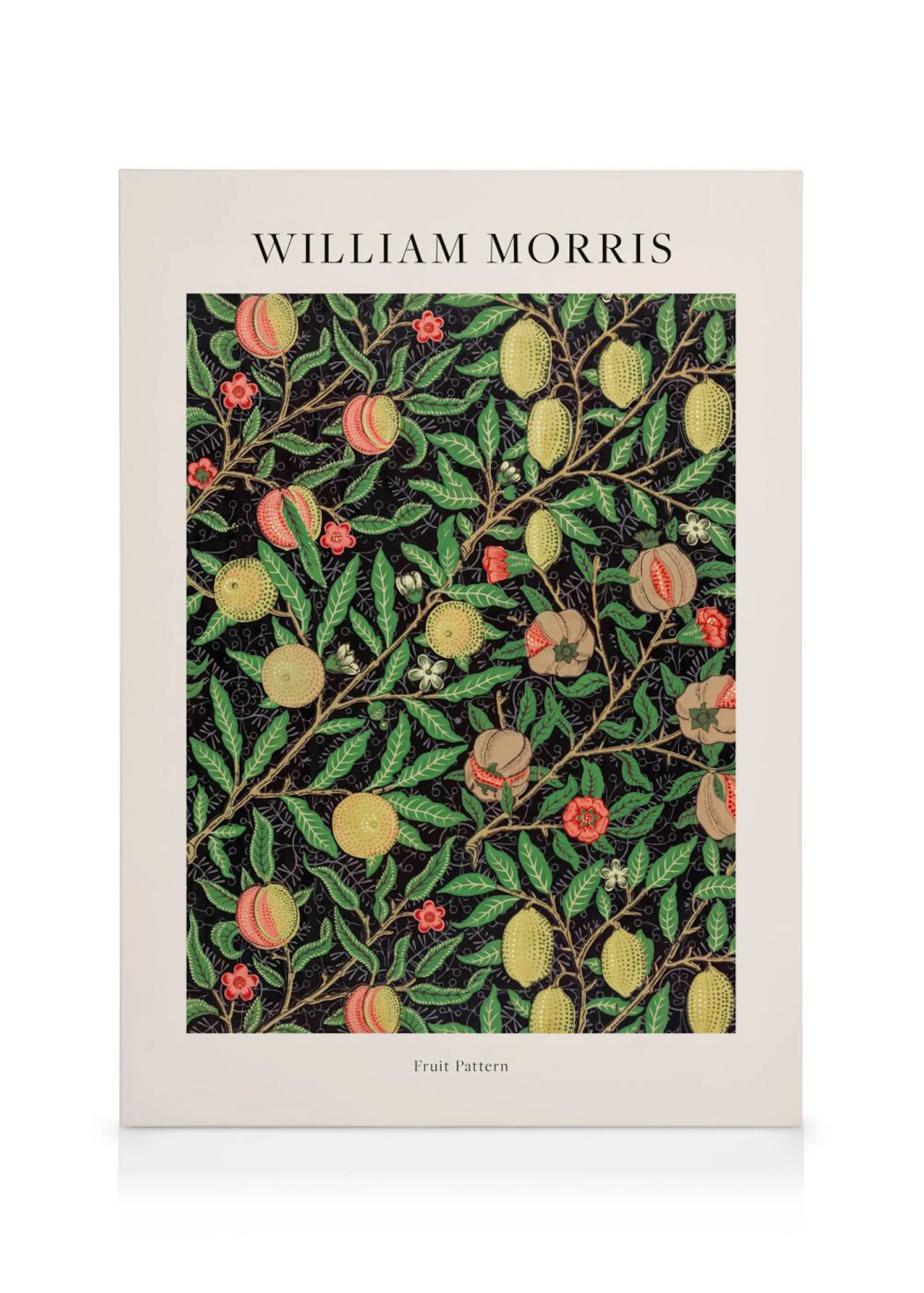 William Morris Fruchtmuster Leinwandbild: Dunkelgrünes Design mit Äpfeln, Zitronen und floralen Elementen.