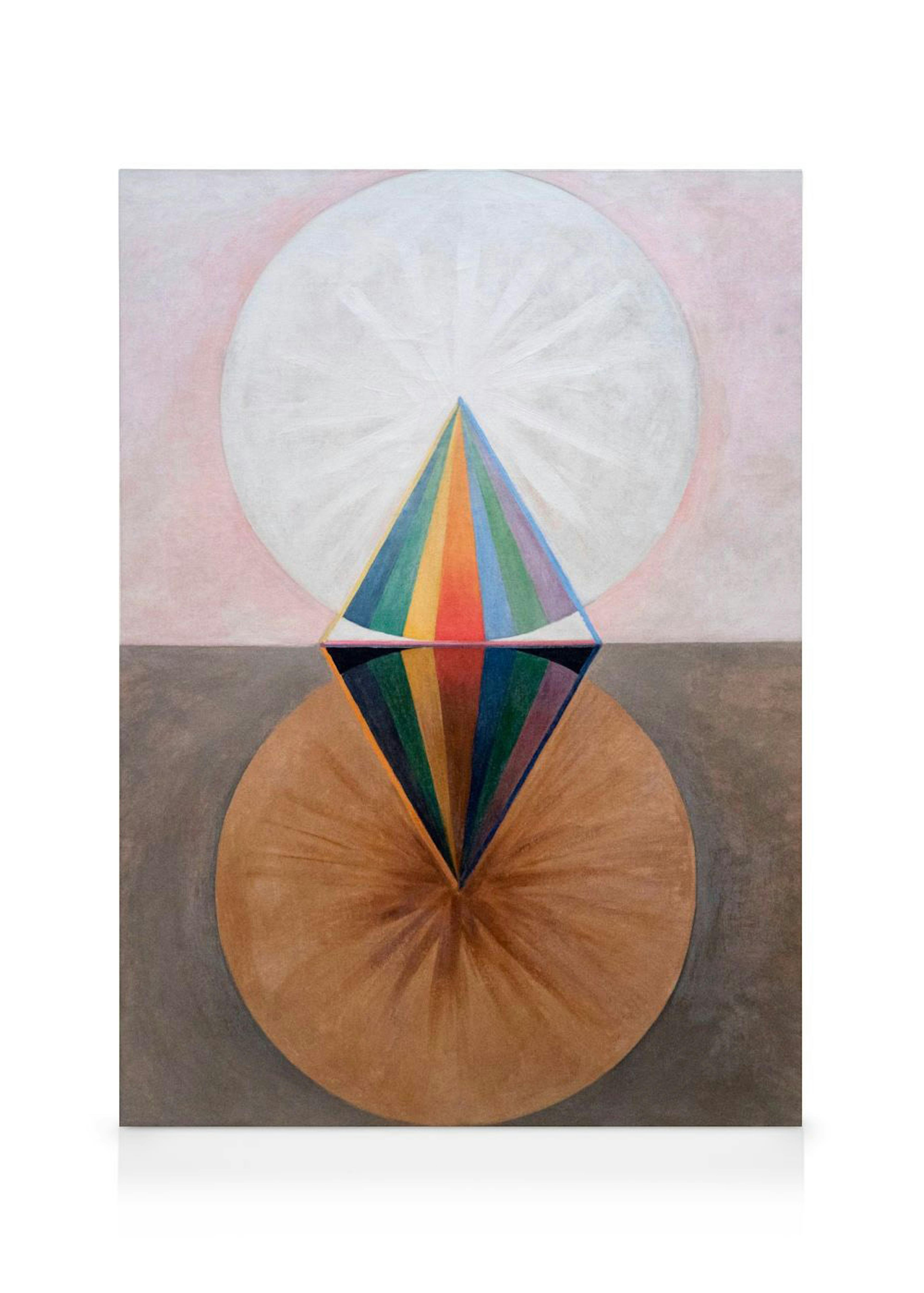 Canvas print with colorful pyramid on pink and grey, featuring white and brown circles, rainbow stripe pattern.