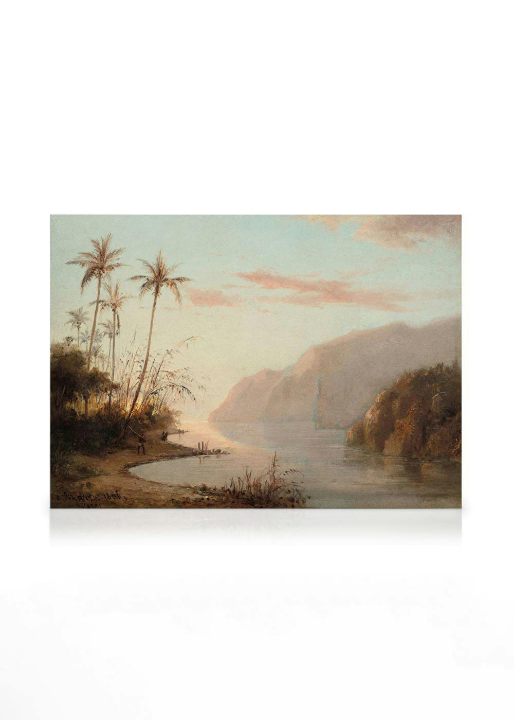 Schilderij van Camille Pissarro: tropische kreek met palmbomen, bergen, roze lucht en mensen aan de oever.