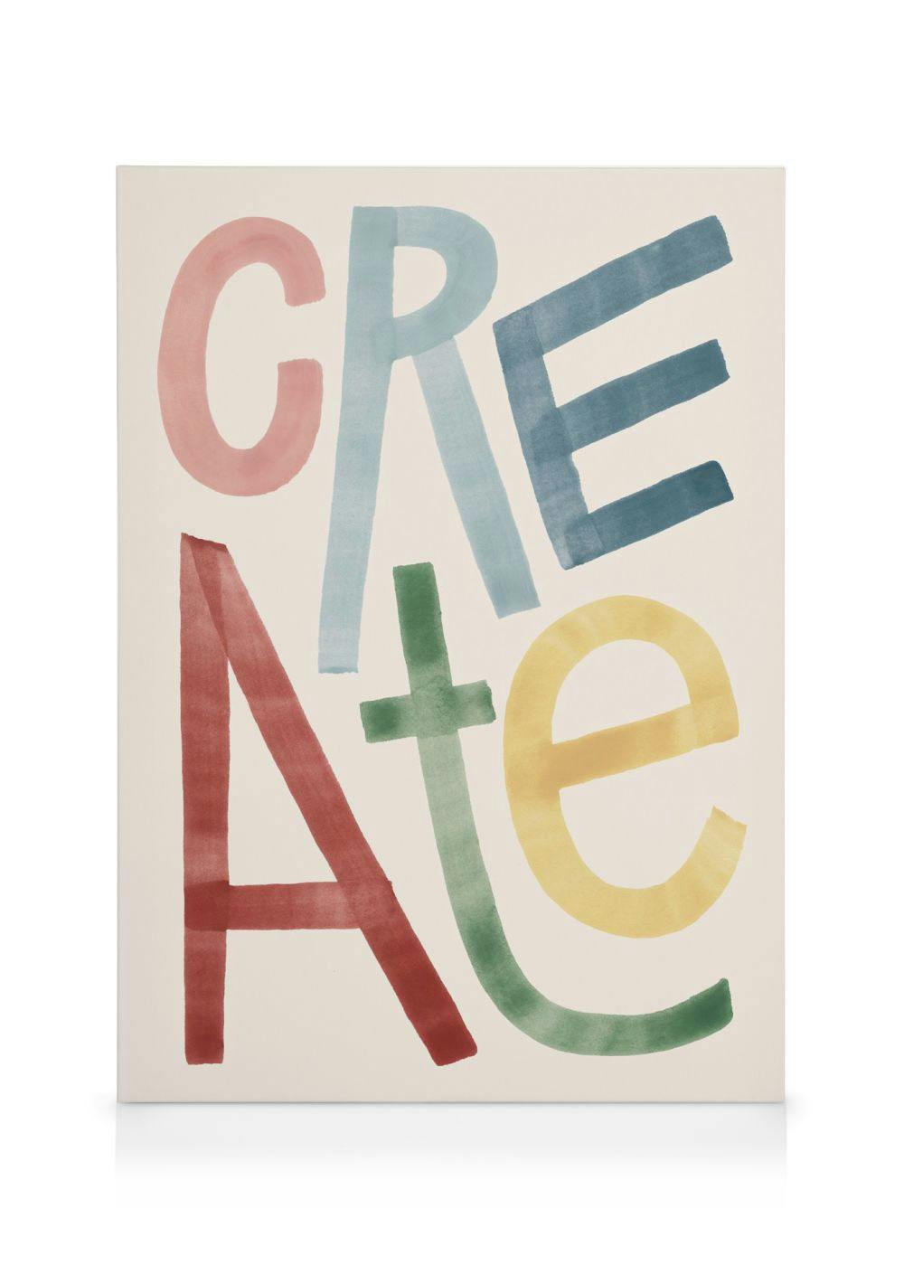 Toile avec le mot CREATE en lettrage aquarelle multicolore sur fond beige, typographie vibrante