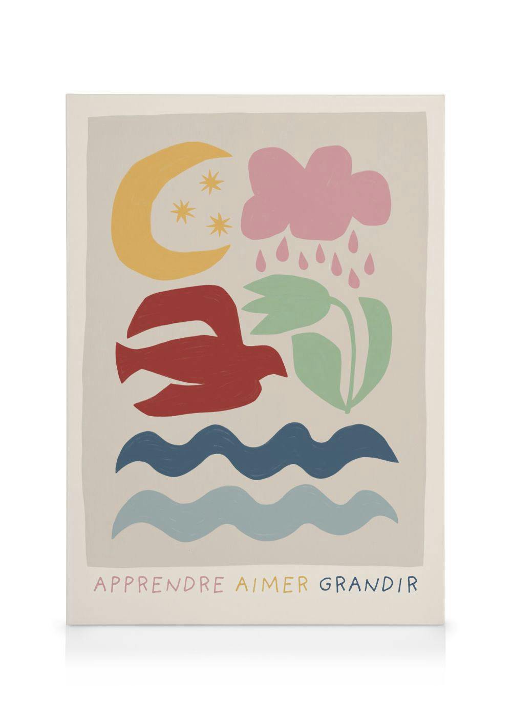 Multi-color canvas print with yellow moon, pink cloud, red bird, green plant, blue waves, and French text Apprendre Aimer Grandi