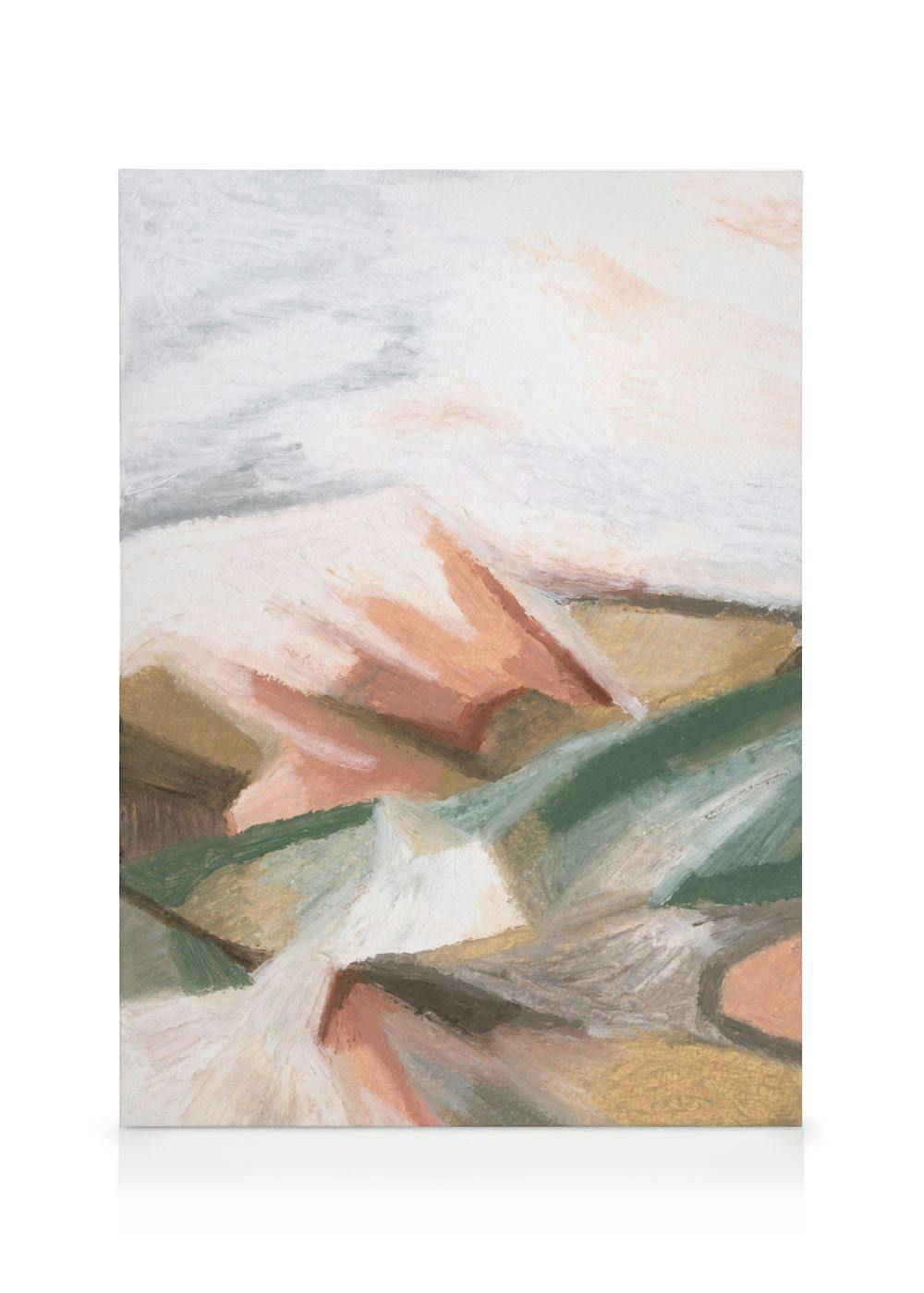 Abstract canvas met pastelkleuren, golvende penseelstreken in groen, roze, wit en bruin, landschapskunst.