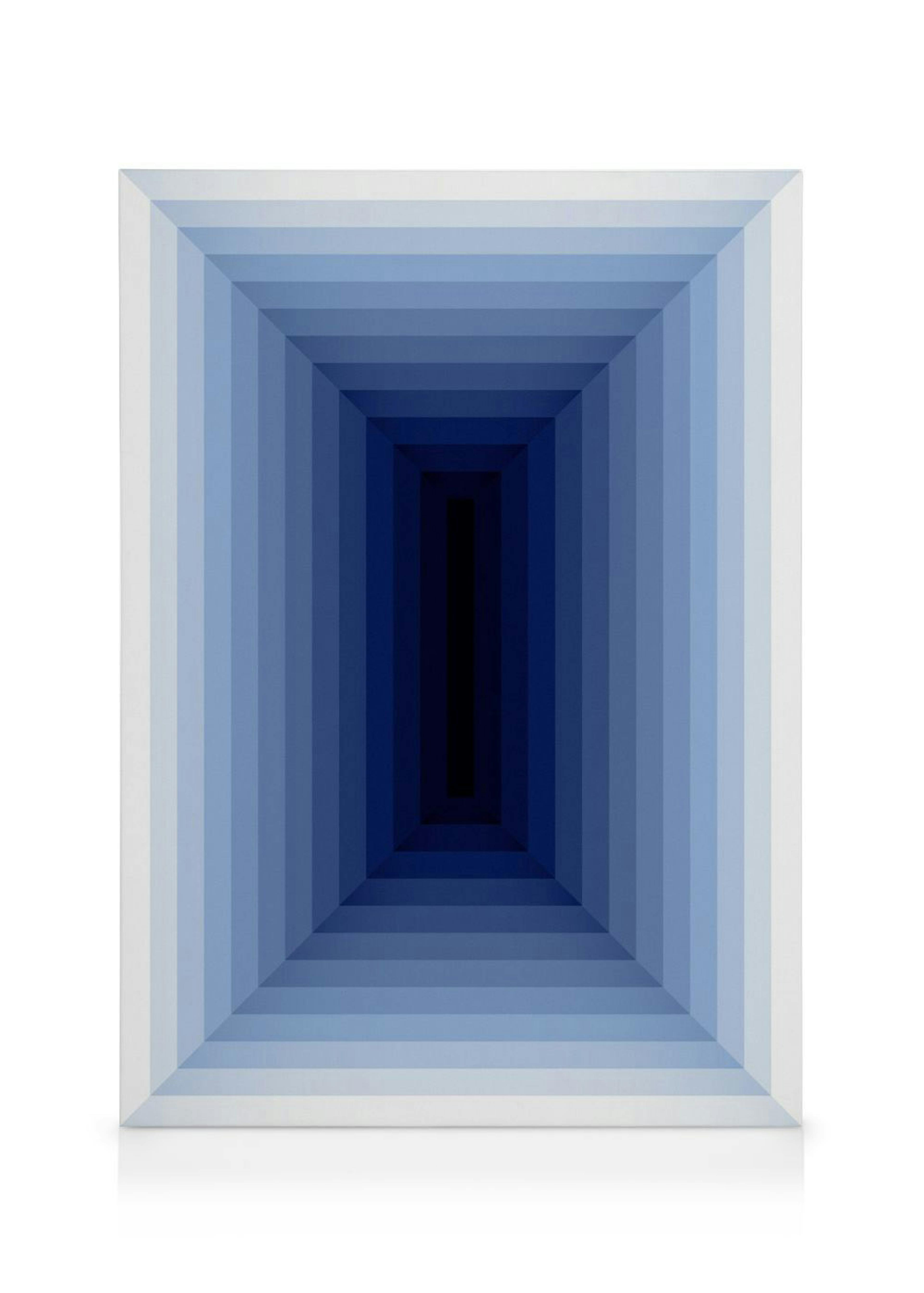 Abstracte blauwe tunnel canvas, 3D-effect met rechthoekige vormen die van licht naar donkerblauw verlopen.