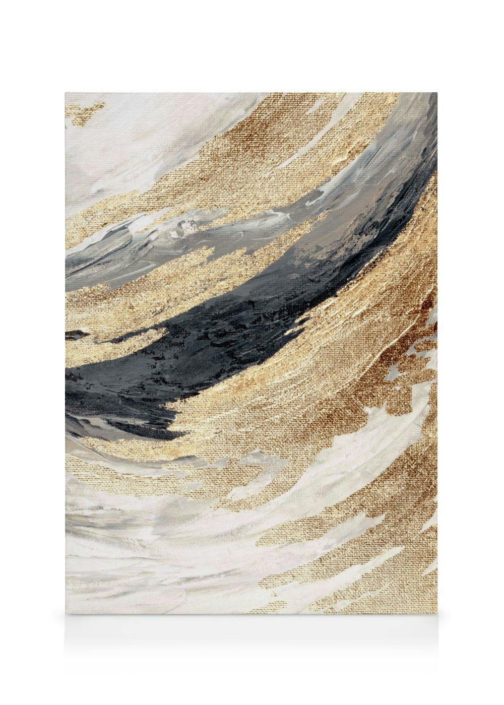 Toile abstraite avec des vagues dorées, noires, grises et blanches.