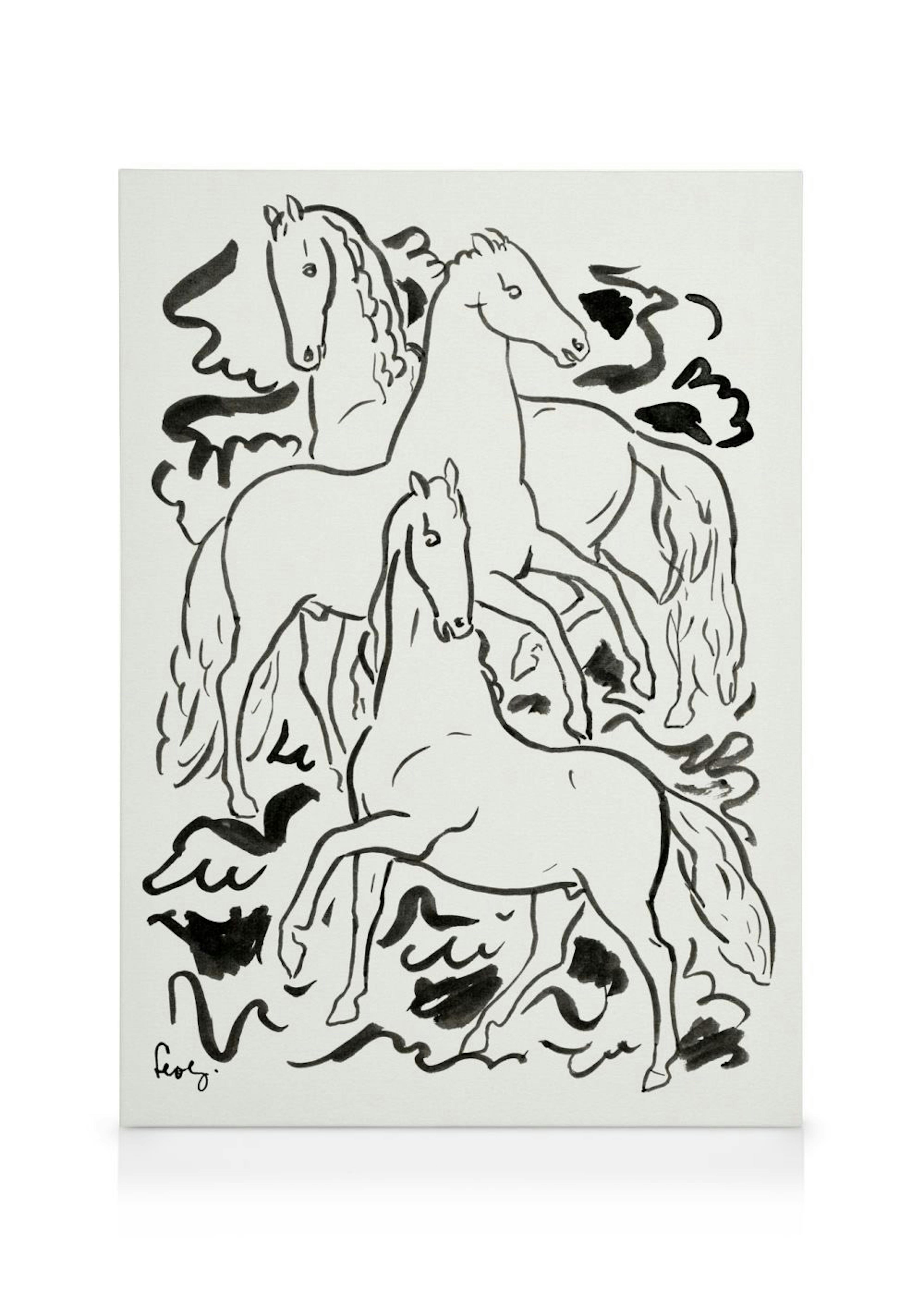 Black line art canvas print of three horses with expressive black spots on a white background, by Leo Gestel.