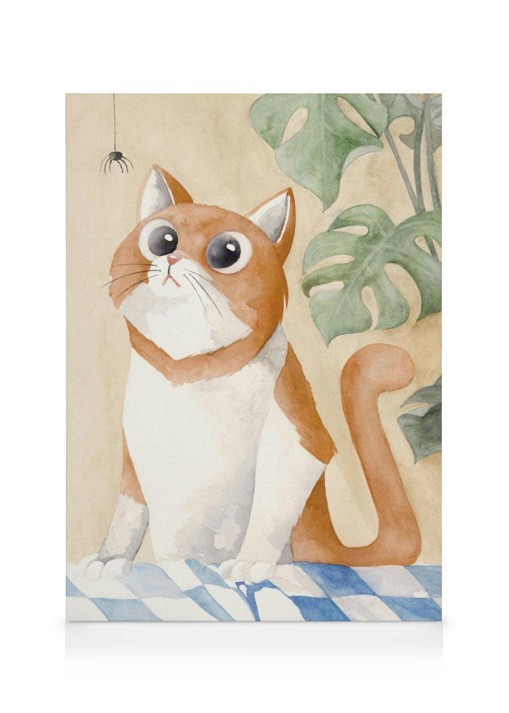 Utelias oranssi-valkoinen kissa katsoo hämähäkkiä akvarellityyliin. Taustalla vihreitä kasveja.