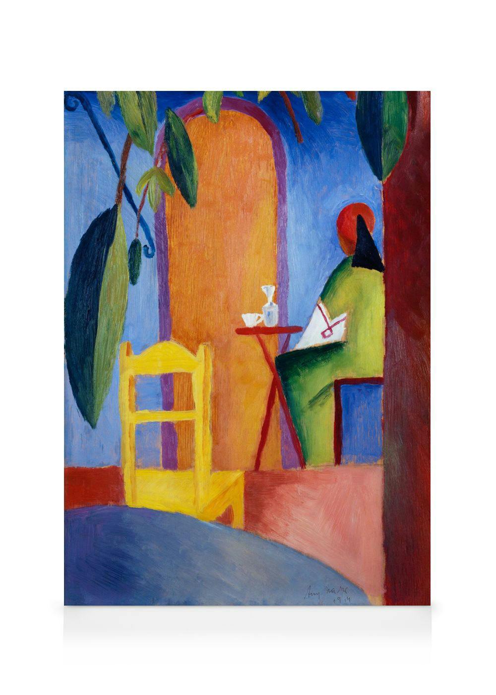 August Macke Gemälde Türkisches Café mit Person, gelbem Stuhl und rotem Tisch in leuchtenden Farben.
