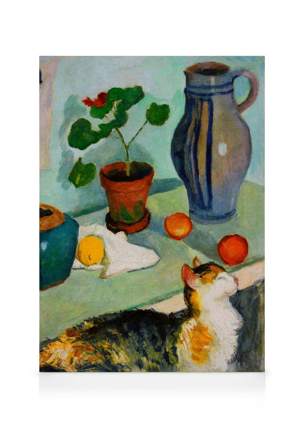 August Mackes The Ghost in the House Stalls, an expressionist still life painting of a cat, pitcher, and fruit.