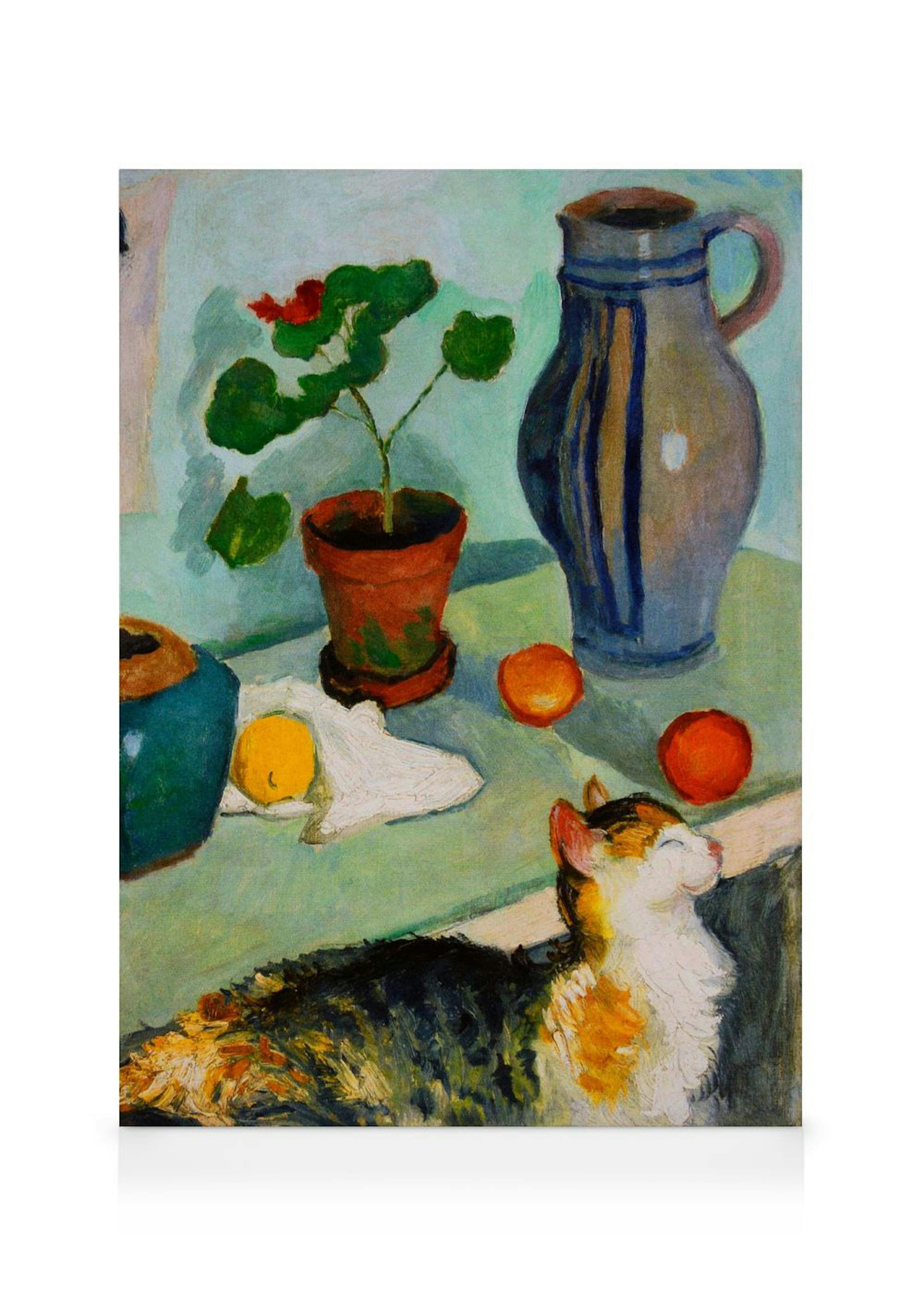 Still life canvas print with a cat, vase, and fruit on a table by August Macke, a warm art print