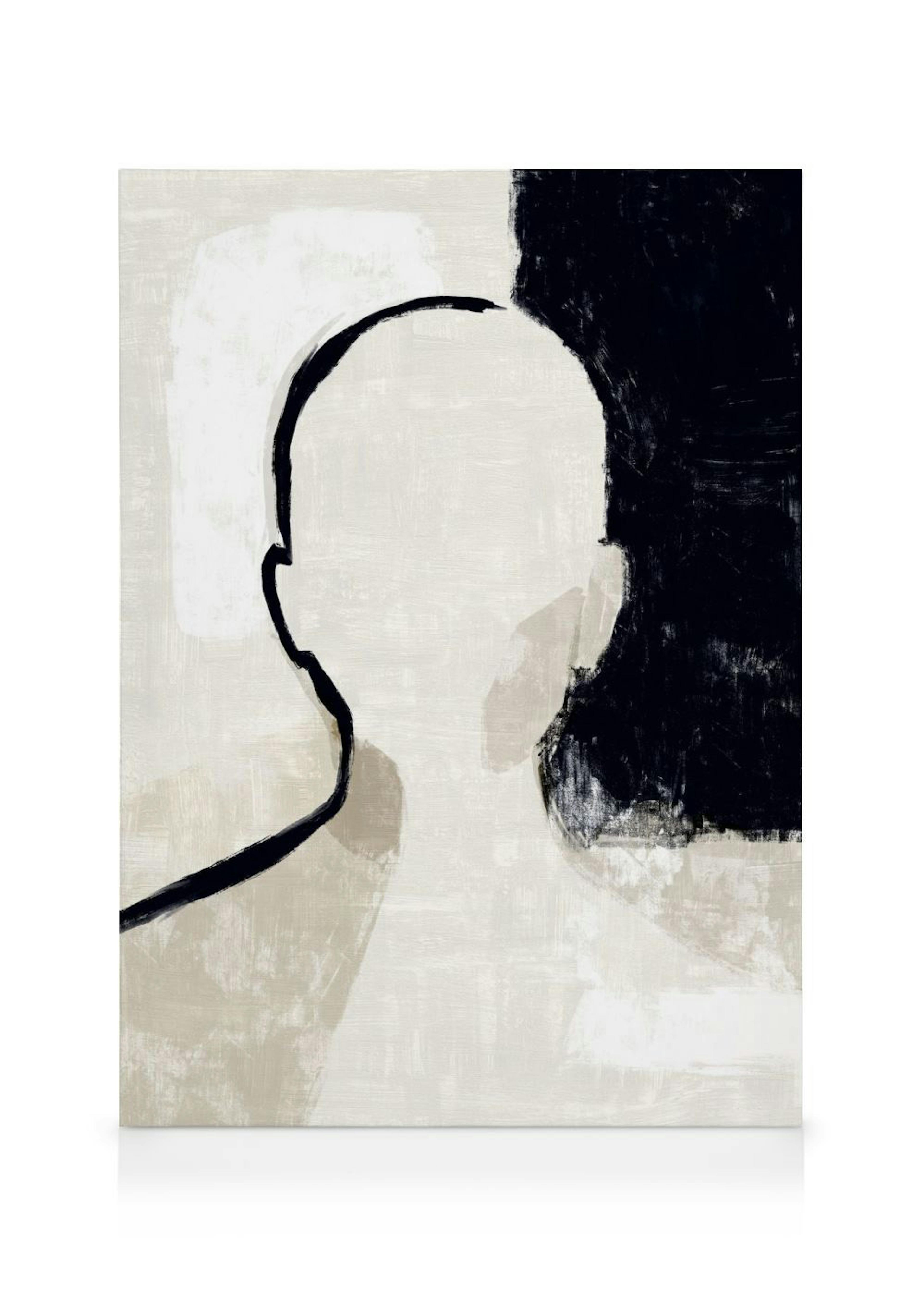 Lerret med silhuett av hode og skuldre i svart, på en beige og hvit bakgrunn med grove penselstrøk.