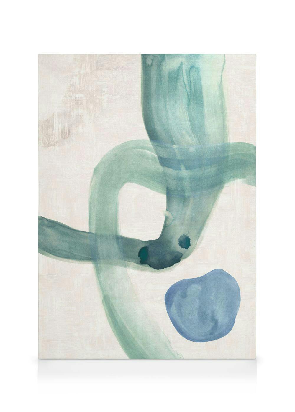 Tela abstrata com formas aquareladas em azul, verde e turquesa sobre fundo bege claro, arte decorativa moderna.