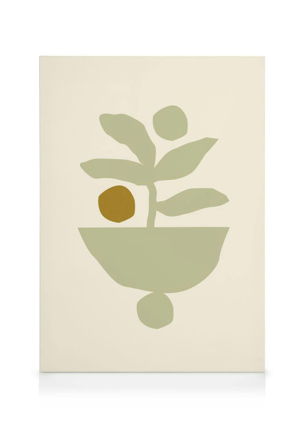 Stampa botanica astratta con vaso verde, foglie piatte e forme geometriche su sfondo beige.
