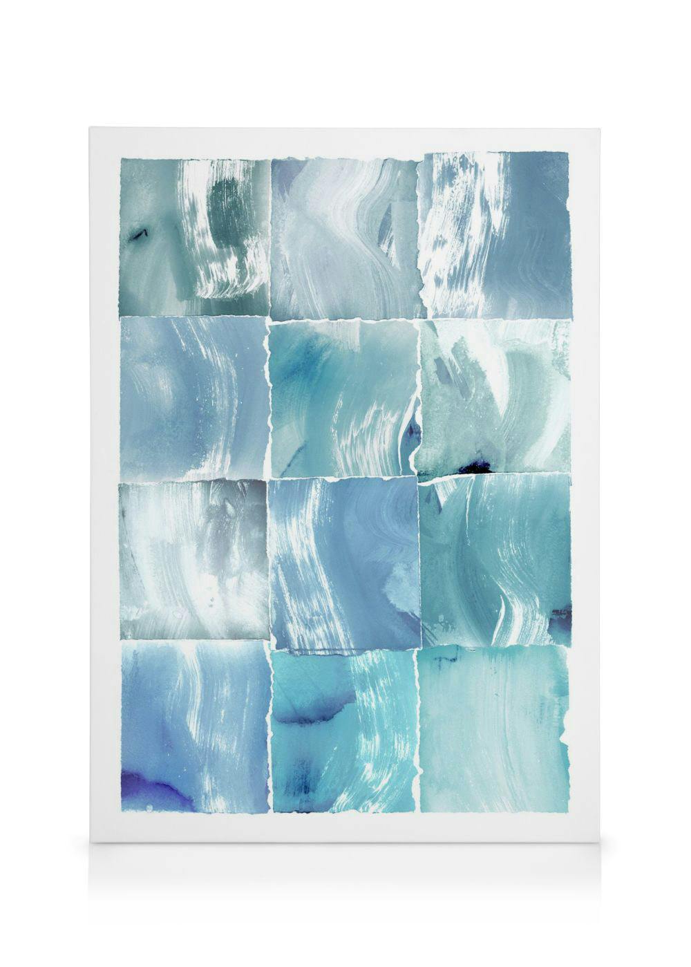 Obraz na płótnie z turkusowymi i niebieskimi kwadratami akwareli, pociągnięcia pędzla tworzą płynne, abstrakcyjne wzory.