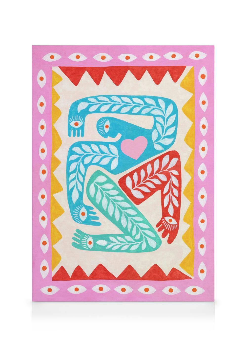 Toile abstraite avec figure bleue, motifs de feuilles, formes roses, rouges, jaunes et blanches. Typographie colorée.
