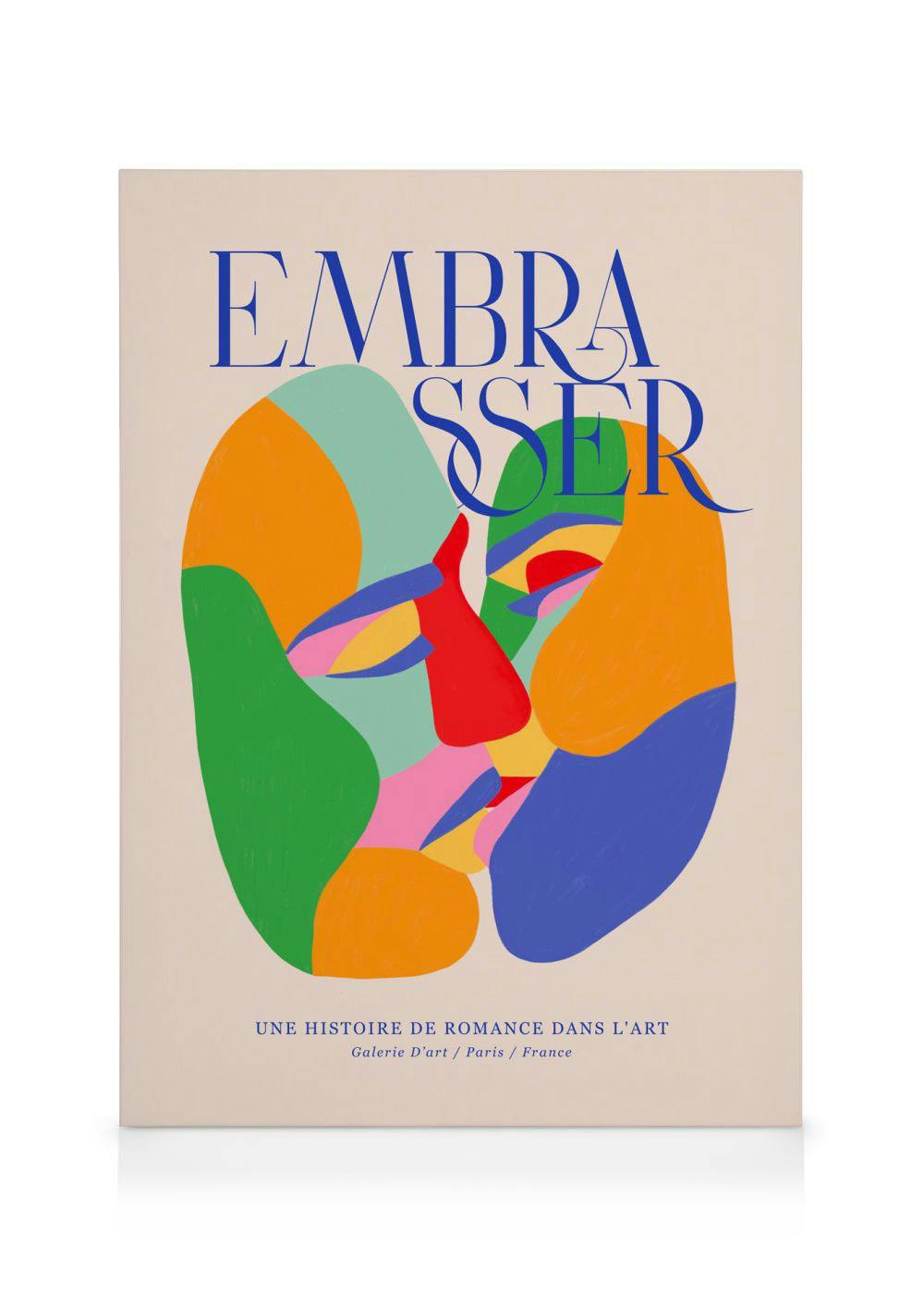 Lienzo abstracto de dos caras besándose en tonos verde, azul, naranja, rosa y rojo, con la palabra EMBRASSER arriba.