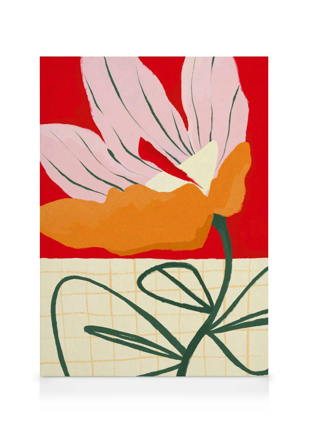 Toile abstraite avec pétale rose et typographie rouge, vert et jaune sur fond quadrillé.
