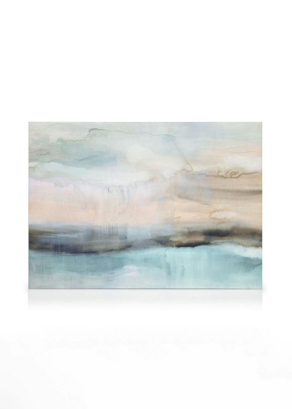 Aquarell-Meerlandschaft in Beige, Blau und Braun, sanfte Pinselstriche für eine ruhige Atmosphäre.