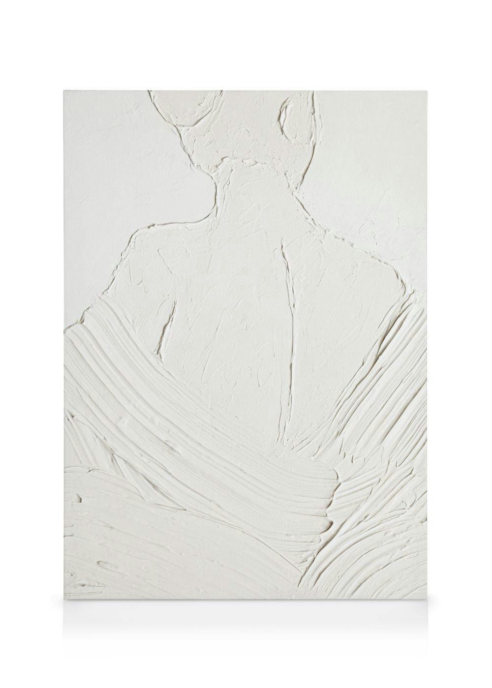 Textured white canvas print of a persons back and dress, minimalist figurative wall art.